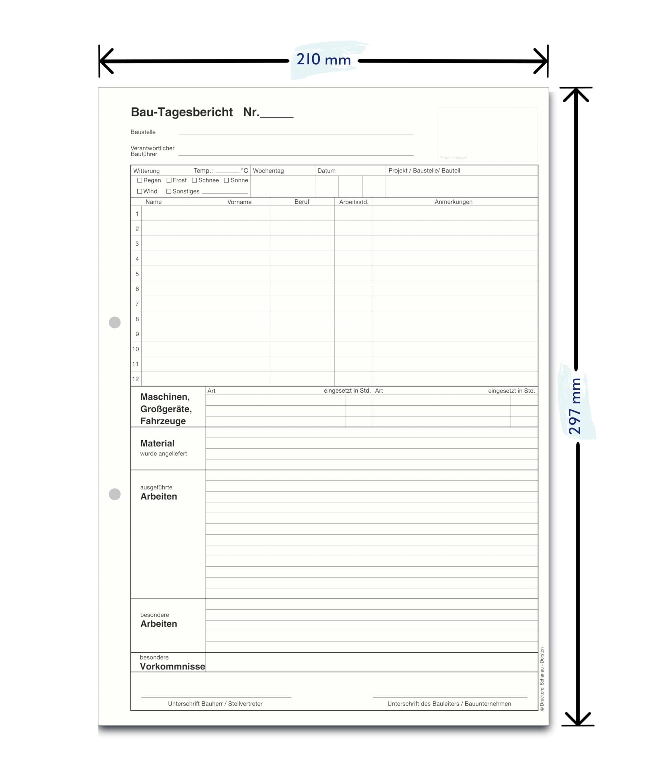 10x Bau-Tagesbericht, Baubericht Bautagebuch Regiebericht-Bau DIN A4, 3-fach selbstdurchschreibend, 3x30 Blatt weiß/grün/gelb - gelocht (22205)