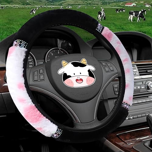 SuperKaKa Plush Bling Cow Print Steering Wheel Cover, Cute Furry Auto Cow-Pattern Covers Soft Warm with Diamonds Universal Car Interior Accessories for Women Men (Pink)