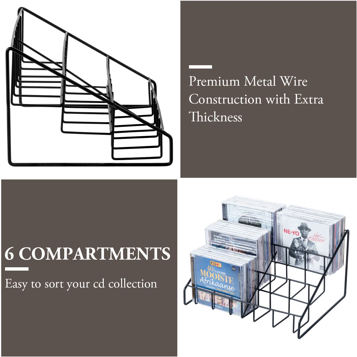 MyGift 3-Tier Modern Matte Black Metal Wire CD Storage Rack, Tabletop Compact Disc Jewel Case Holder, Step Tier Office Desk Media Organizer, Set of 2