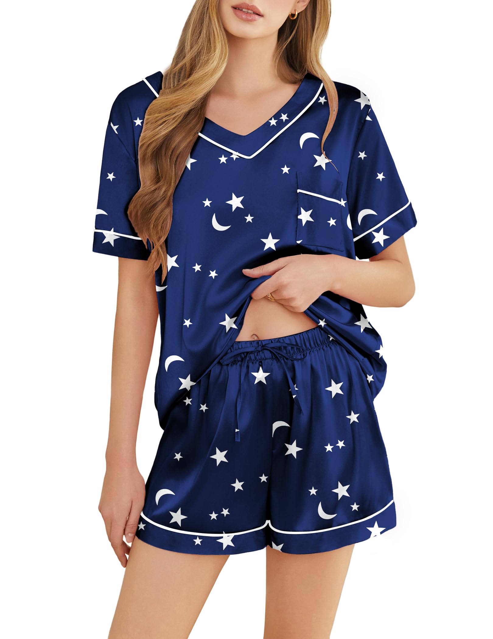 Silk Pajamas for Women Short Sleeve Satin 2 Piece Pj Set Soft V Neck Sleepwear Loungewear, S-XXL