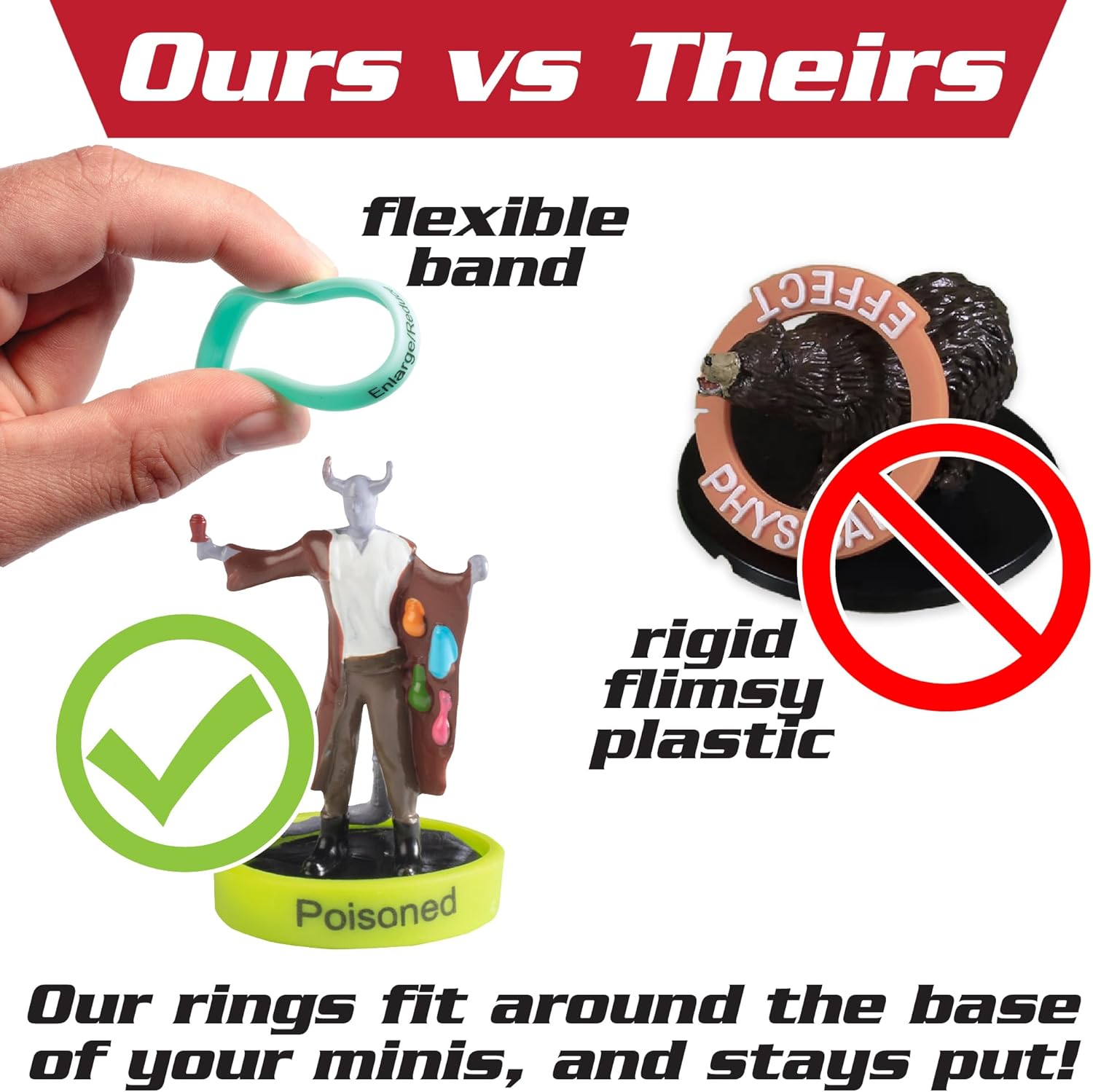 Deluxe Condition Rings w Wooden Case (64 Rings for Standard & Large) - 16 Conditions, DND Flexible Design- Easy Affix Base Slides Under Figure- Works with Dungeons Dragons, Pathfinder & All RPG Games