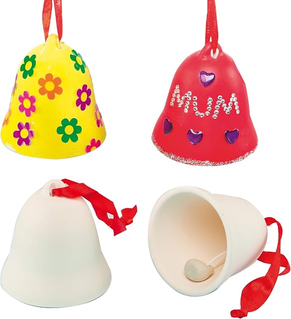 Baker Ross EF420 Customisable Ceramic Bells Creative Christmas Art and Craft Supplies for Kids to Make, Personalise and Decorate (Pack of 4), Assorted