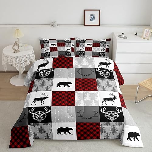 Castle Fairy Juego de edredón de tamaño Queen con diseño de oso de ciervo a cuadros, juego de ropa de cama de retazos con 2 fundas de almohada,