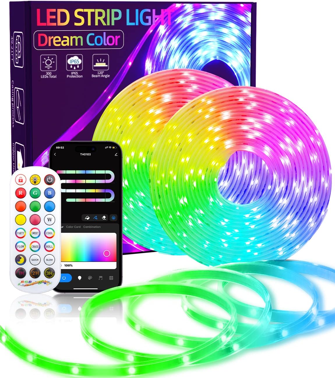 Qnoavve Outdoor LED Strip Lights 49.21ft Rainbow Color