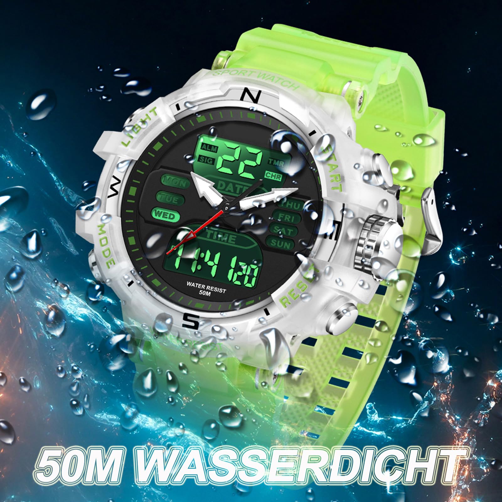 findtime Orologio militare da uomo, orologio digitale, 5 ATM, impermeabile, grandi orologi, da uomo, sportivo, sveglia, cronometro a LED, digitale, militare, per uomini, uomini, ragazzi, coutdown