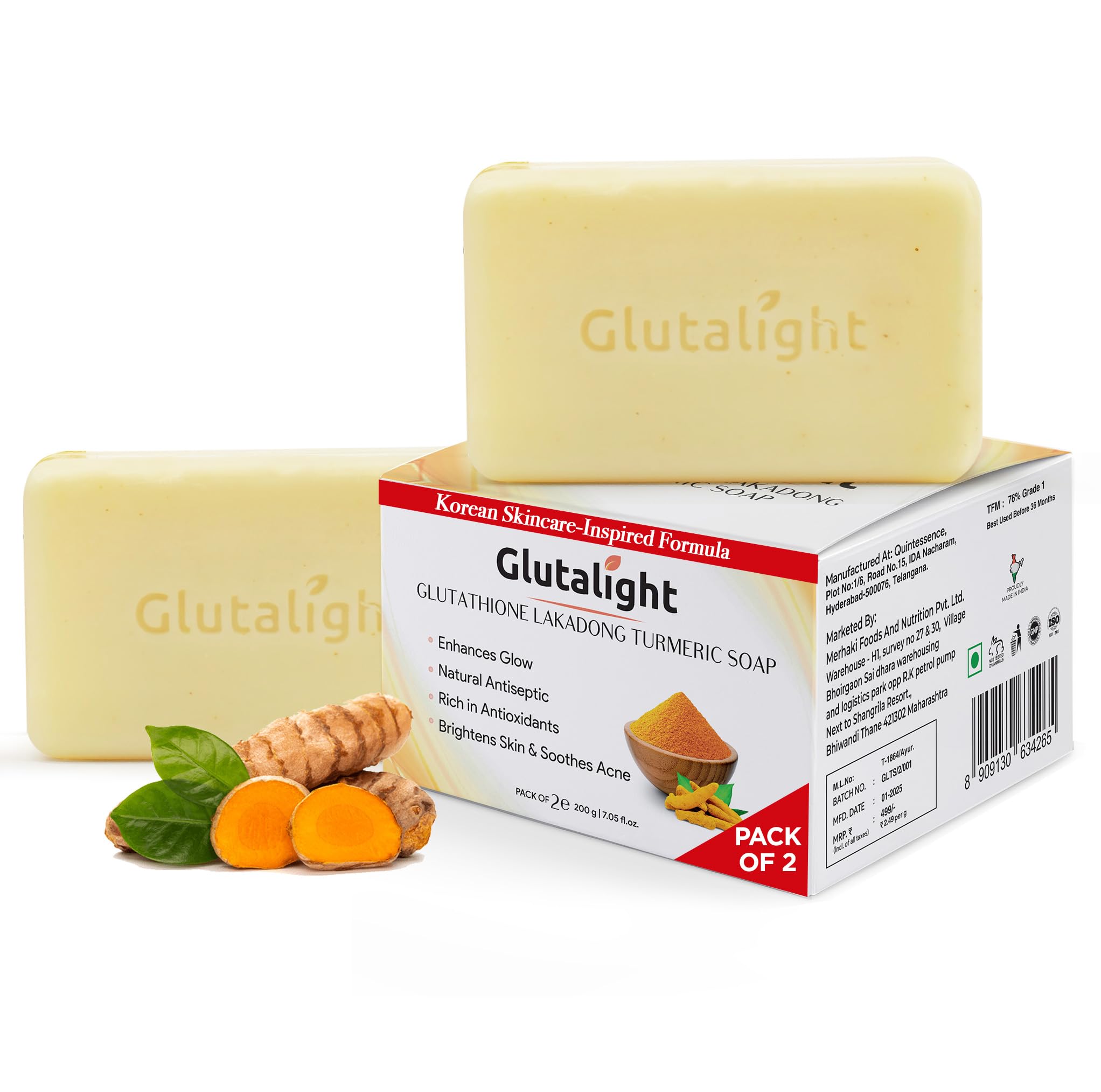 Glutalight Glutathione Lakadong Turmeric Soap For Face & Body | Korean Skincare with Niacinamide, Vitamin C | Tan Removal Soap | Fades Hyperpigmentation| Haldi Sabun For Hydrated Skin| Pack Of 2