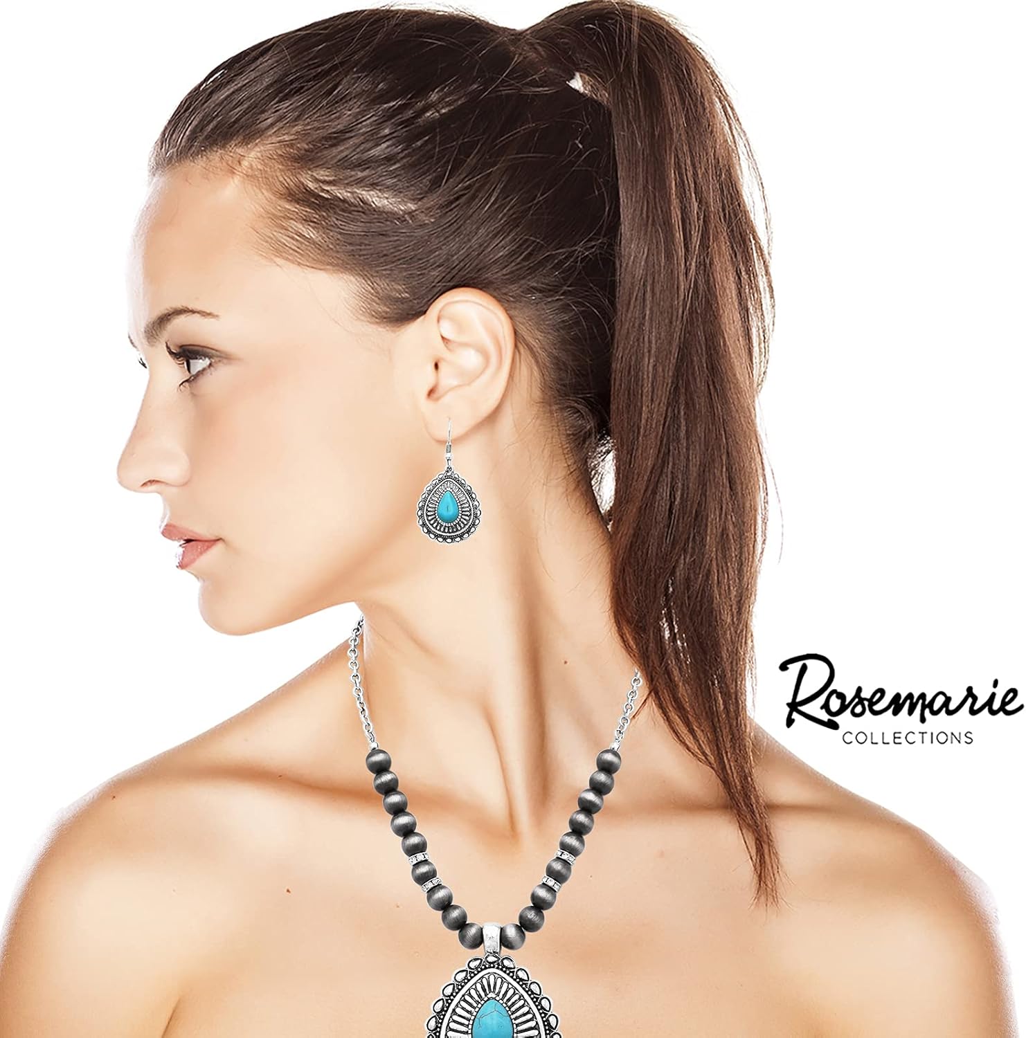Rosemarie Collections Women’s Western Style Concho and Beads with Teardrop Howlite Stone Pendant Statement Necklace Earrings Set, 18"-21" with 3" Extender