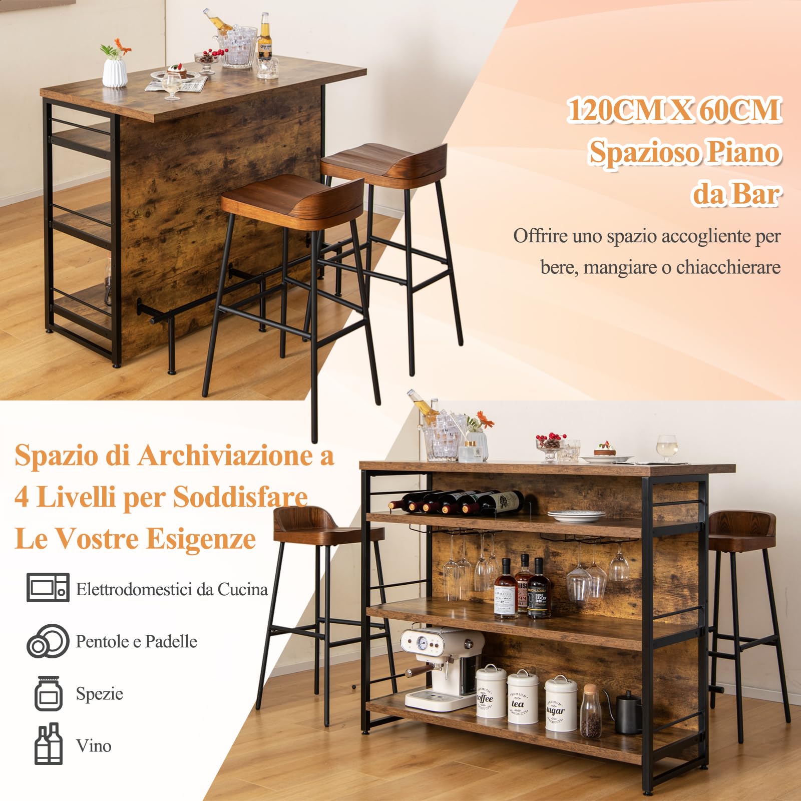 GYMAX Mobile Bar Industriale per Casa, Isola da Cucina a 4 Livelli con Ripiani, Portabottiglie, Porta Calici, con Poggiapiedi Lungo, Perfetto per Angolo Bar di Casa, Bar, Ristorante (Marrone)
