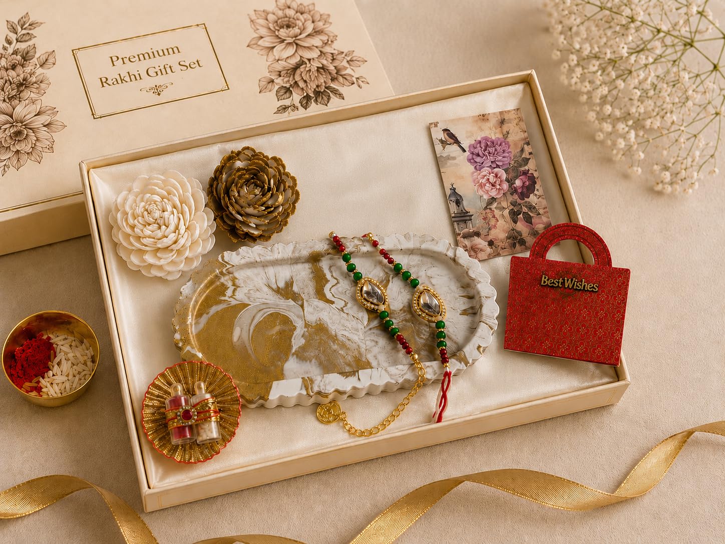 Premium Rakhi Gift Set for Brother- Bhabhi | Handmade Jesmonite Marble Finish Tray for Timeless Aesthetic Decor | Exquisite Handmade Designer Rakhi Set of 2 | Rakhi Set of 2, Handmade Jesmonite Tray, Small Brass bowl, Roli-rice combo, 2 wood flowers, Envelope, Message card-image-32