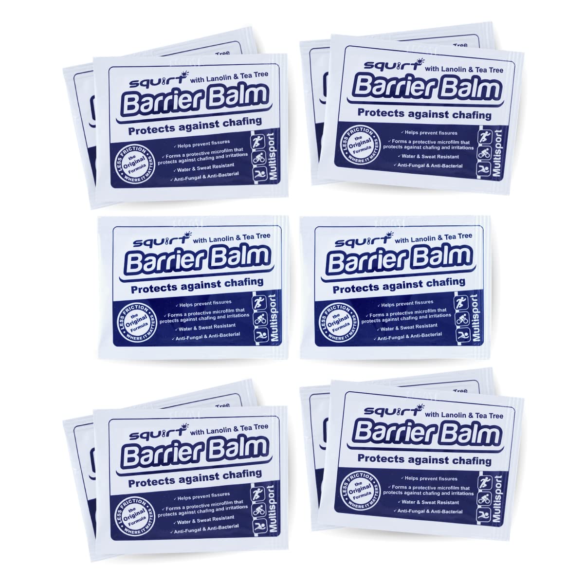 Squirt Barrier Balm for Chafing Relief - Body Anti Chafe Balm for Cycling & Endurance Sports - Water & Sweat Resistant Anti Chaffing Cream for Men & Women - Skin Friction Defense - 10 x 6g Sachets