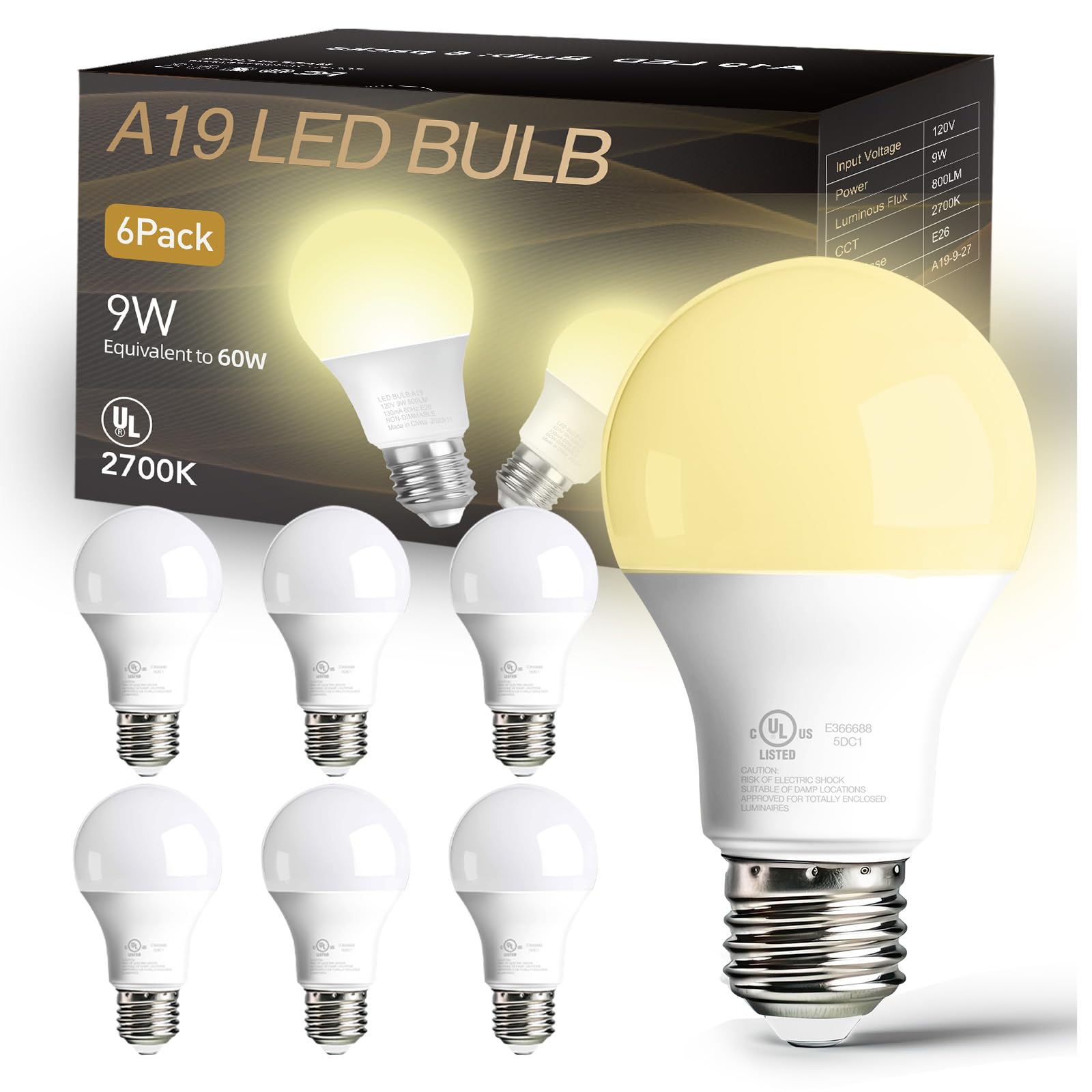 dalattin 6 Pack A19 LED Bulbs,9W Equivalent 60 Watts,E26 Base,Soft White 2700K,800 LM,Non-Dimmable,Efficient Energy Saving Lights for Living Room,Office,80+ CRI,120V, UL Listed