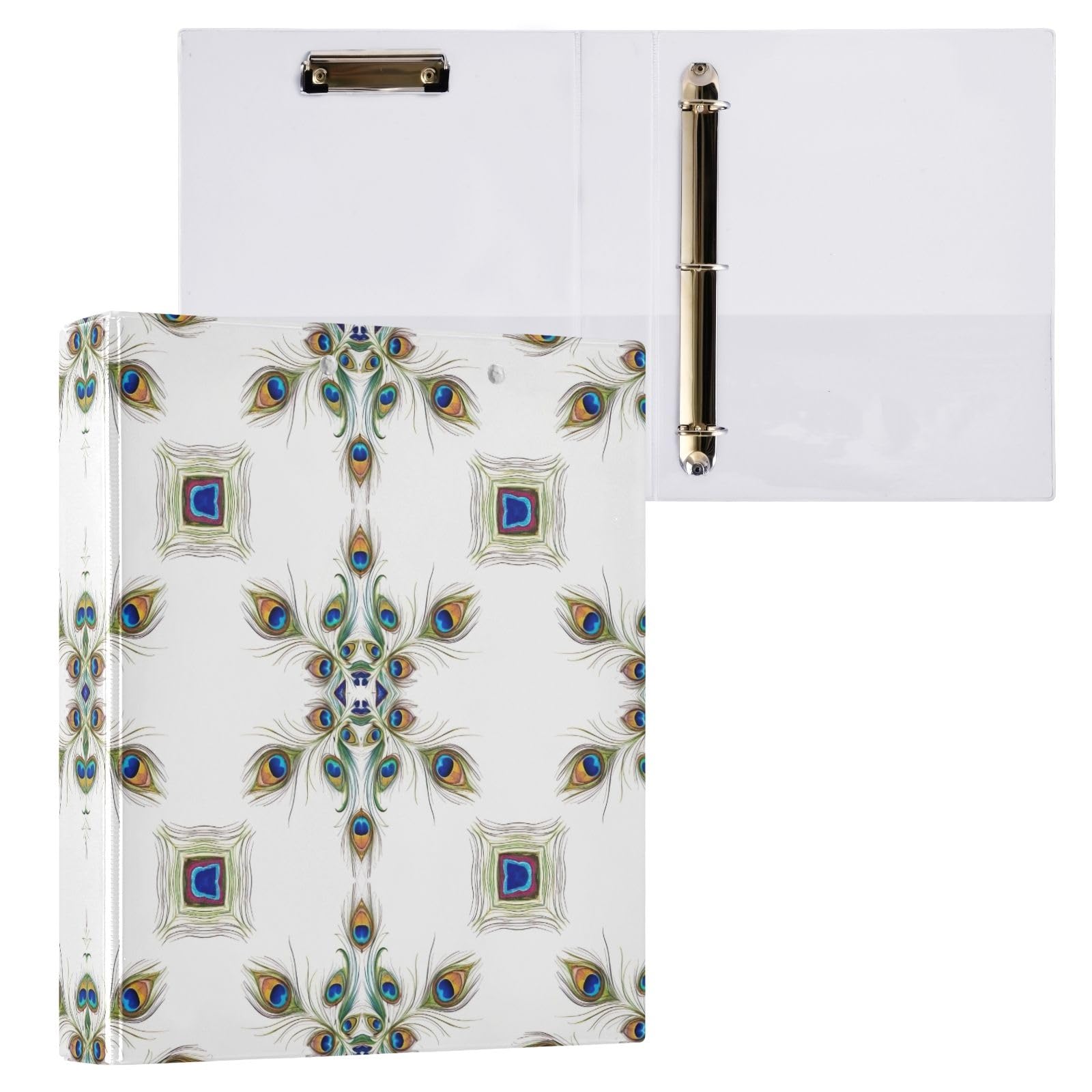 Confezione da 2 raccoglitori ad anelli colorati, con piume di pavone, bianche, con tasche, grandi, per scuola, università, ufficio