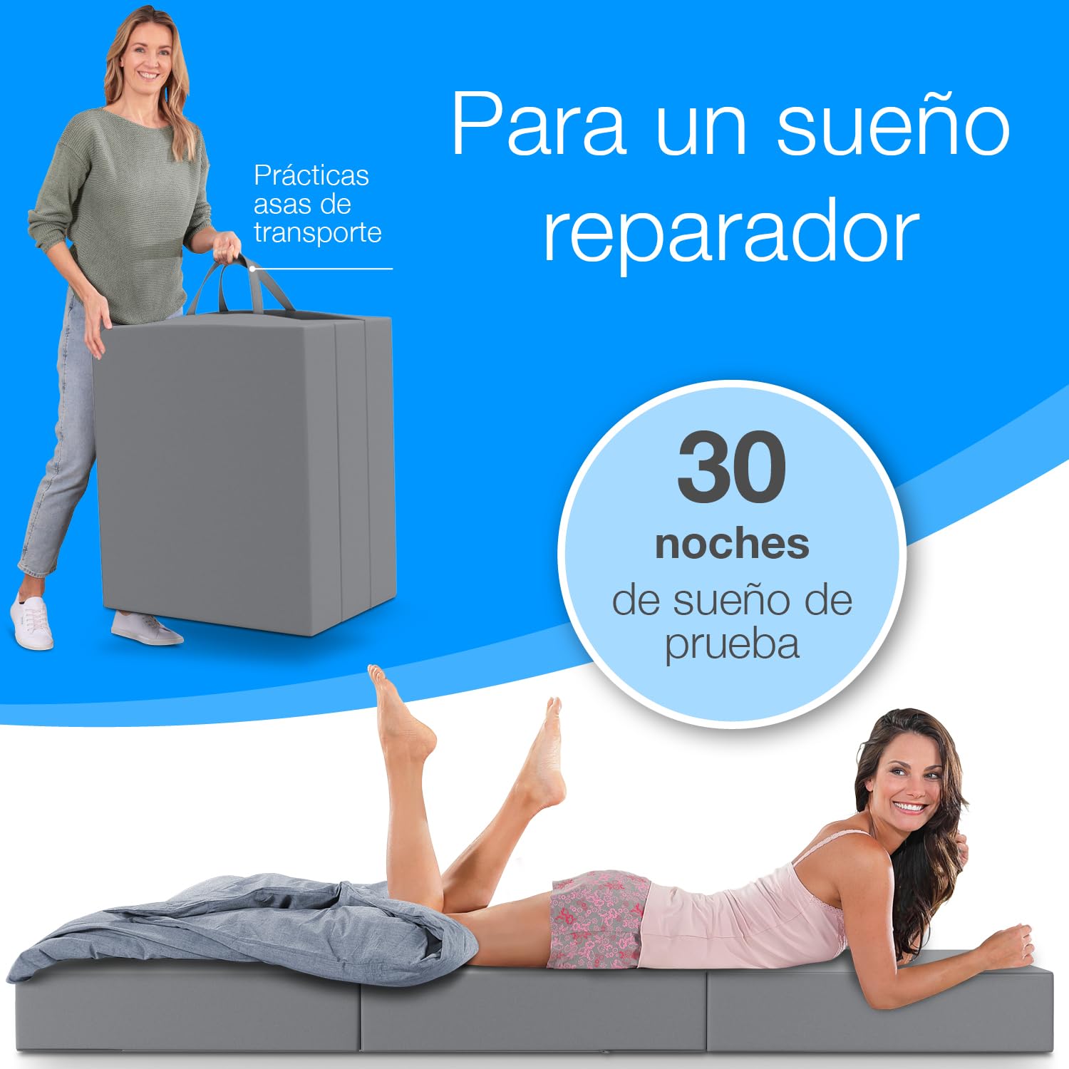 ELONEO Colchón Plegable, colchón para Invitados, colchón Plegable de 3 Piezas, Espuma Extra Gruesa (15 cm), Lavable, Plegable, Adultos (Gris, 75 x 195 x 15 cm)