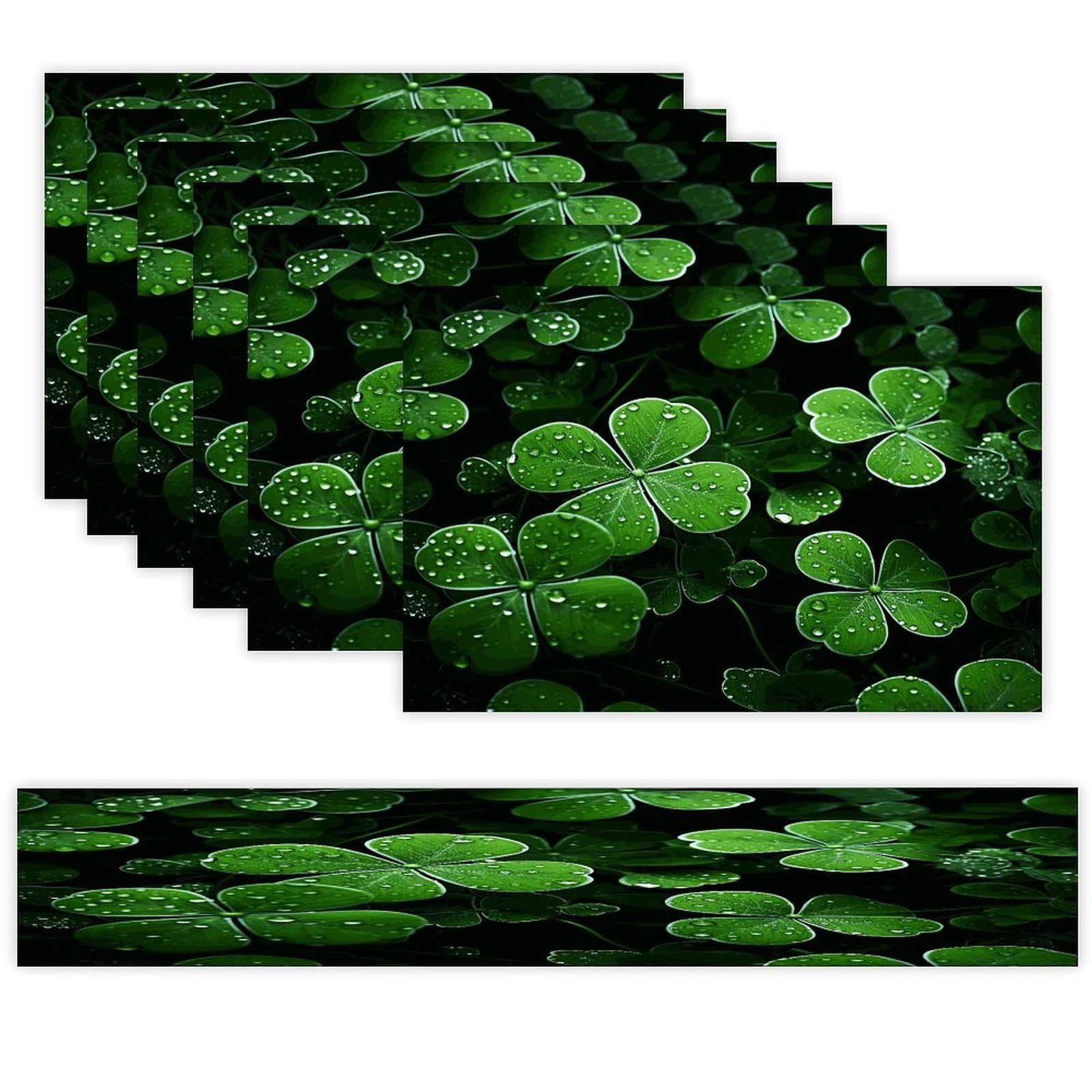 St Patricks Day Leaves Table Runner and Placemats Set of 6 for Kitchen Washable Table Mats Heat Resistant Place Mats Non-Slip Place Mat Wipeable Placemat(6 Placemats+1 Table Runner)