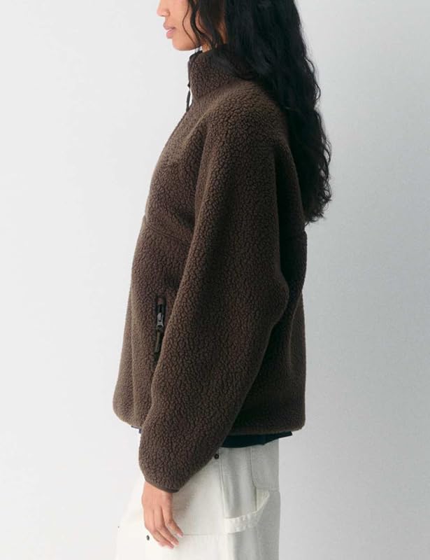 Aimiray Women’s Quarter Zip Fleece Pullover Fuzzy Sherpa Jacket(Brown-M) image 3