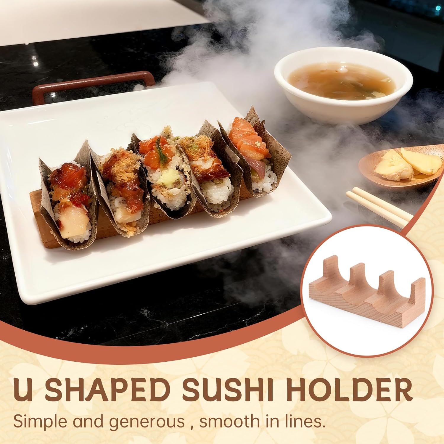 Wooden Taco Holder Stand for Sushi Hand Roll, Temaki & Sushi Roll – 1/2/3/5 Slot Sushi Display Tray, Natural Wood Serving Platter (10 pcs per Pack) (1 Slot (10 pcs))