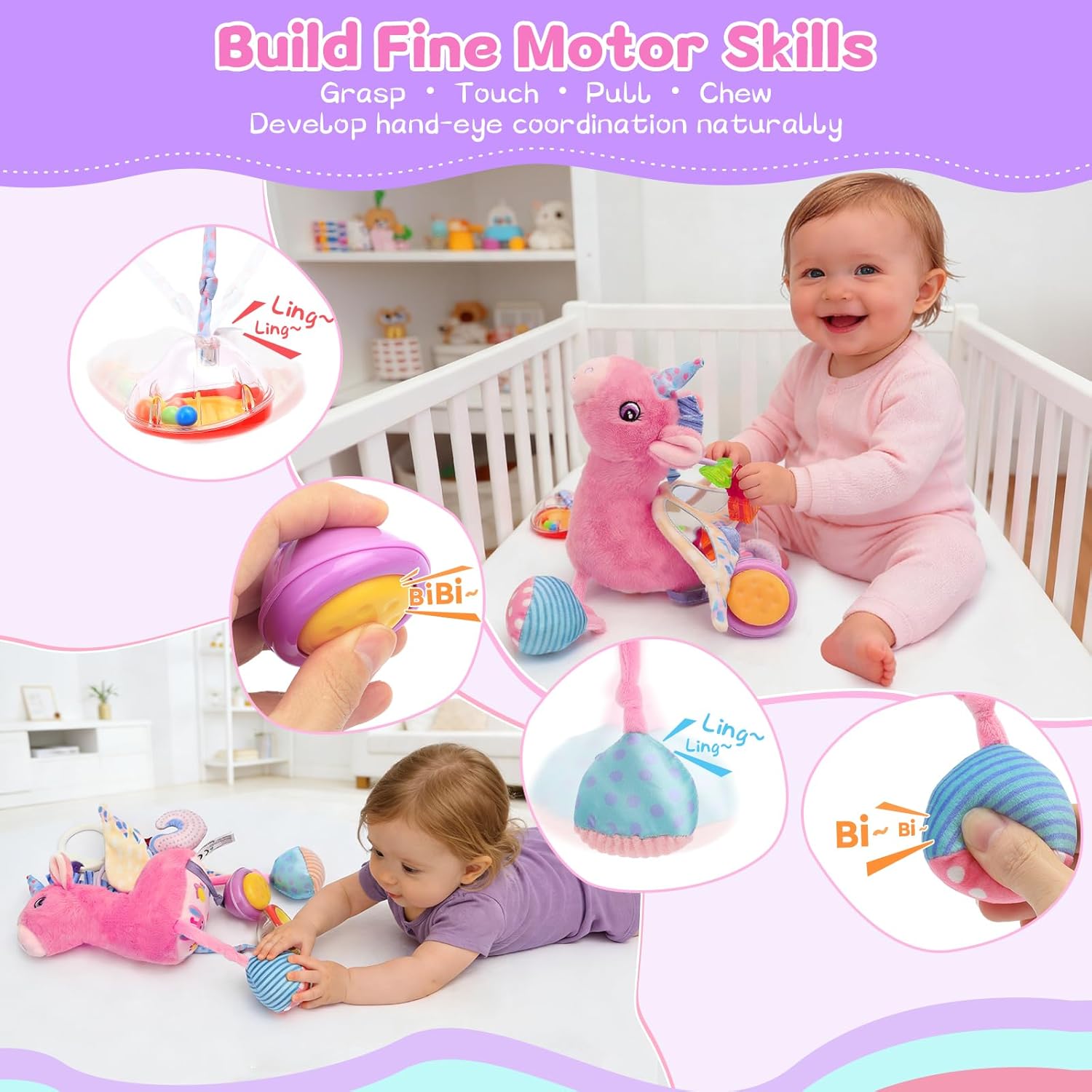 Car Seat & Stroller Toy for Girl - Musical Sensory Plush with Rattle & Mirror Baby Toys 0-12 Months Hanging Travel Carseat Toys Soft Squeaky Stuffed Animal Unicorn for Babies Gifts