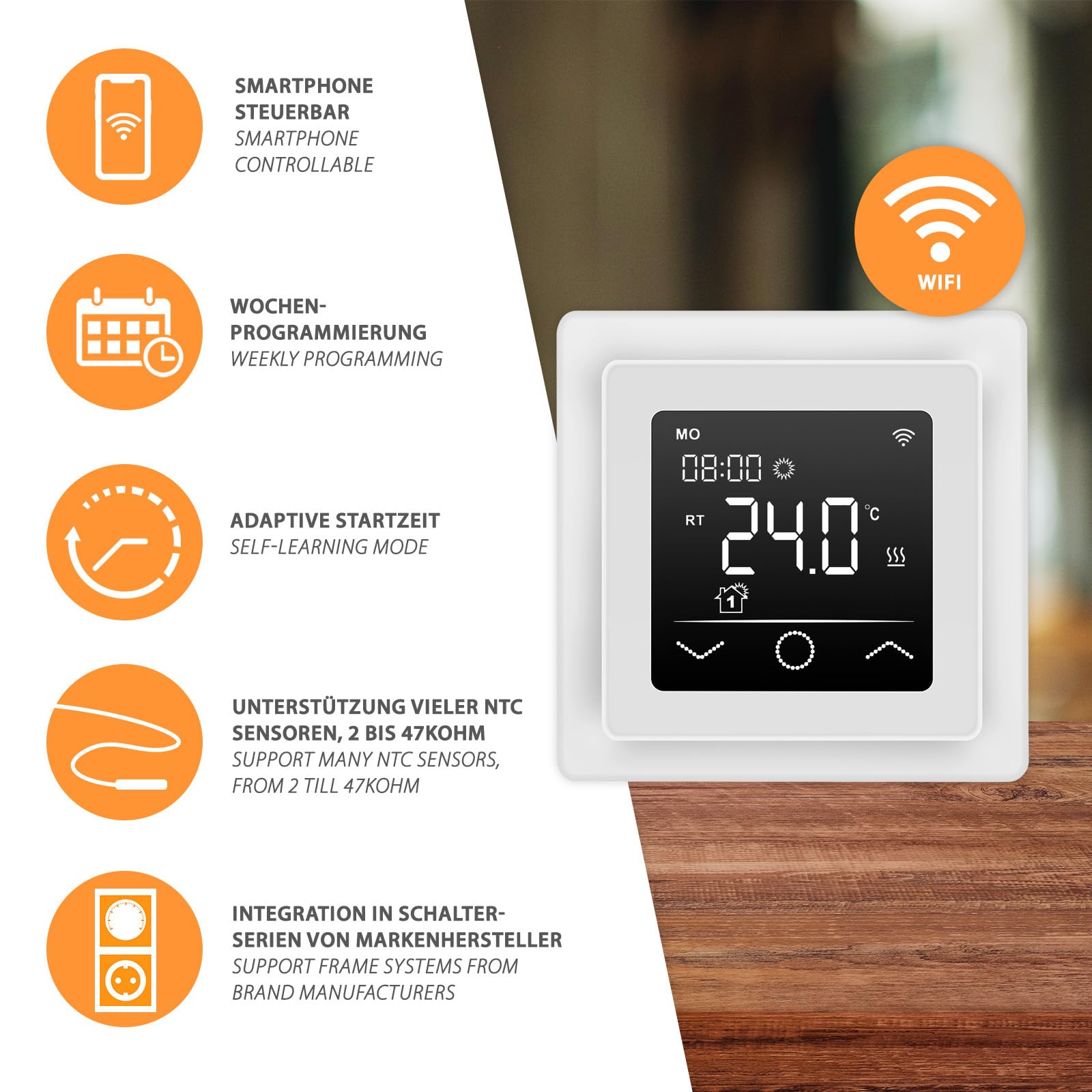 Mi-Heat Mi-750 Raumthermostat WLAN weiß - Tuya Smart App Alexa Google Home - wassergeführte und elektrische Fußbodenheizung - Sensoren kalibrierbar