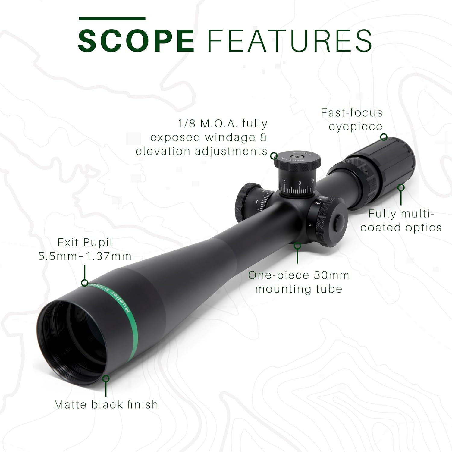 Mueller Optics, 8-32x44 Side Focus Rifle Scopes - Eye Relief 4" - Length 16.25" - Tube Size 30mm - Waterproof and Fog-Proof