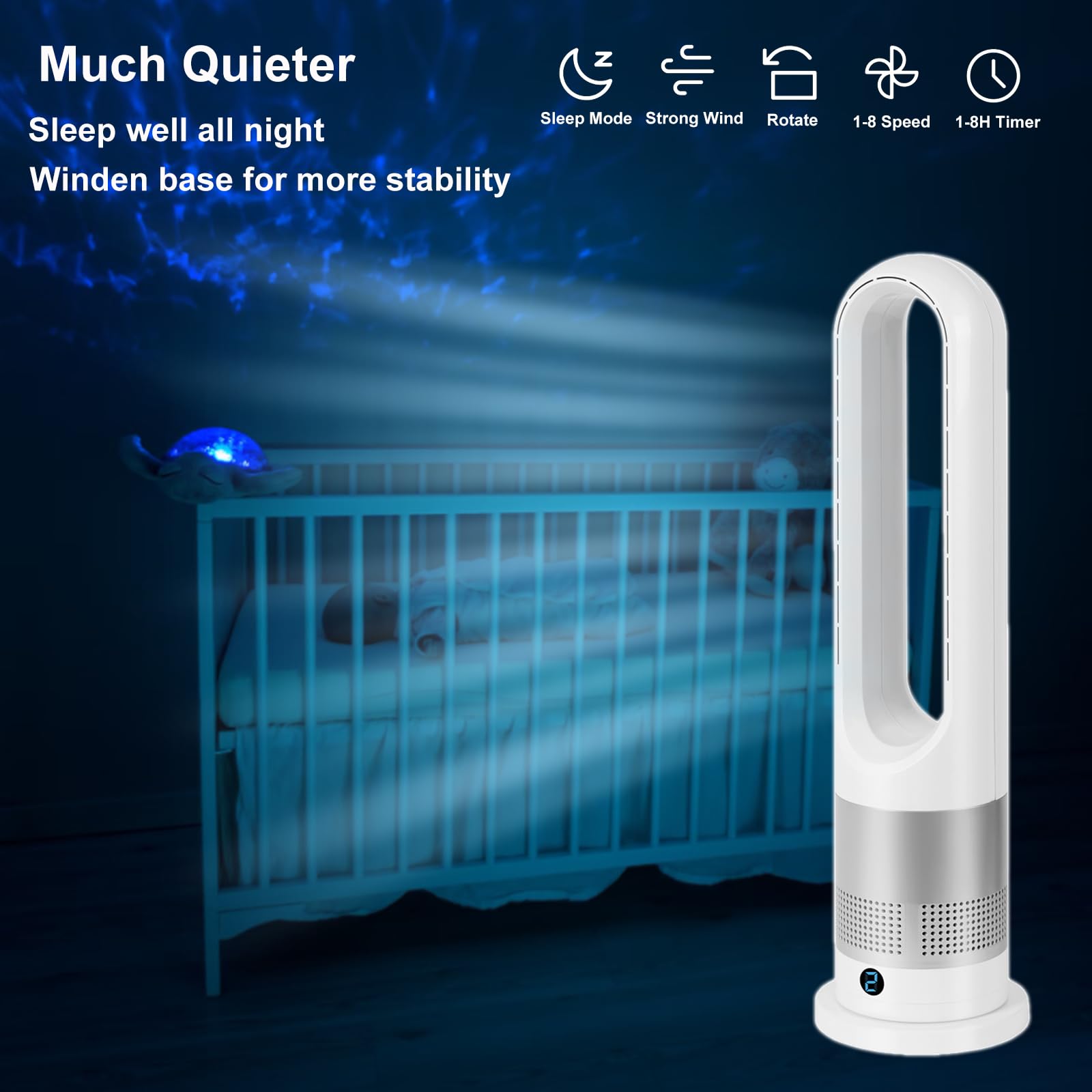 EZSMART Ventilador sin aspas, 66CM 80° oscilante Ventilador de torre control remoto, 8H-Timer, 8 niveles de ventilación, Ventilador de pedestal silencioso y táctil para dormitorio de oficina