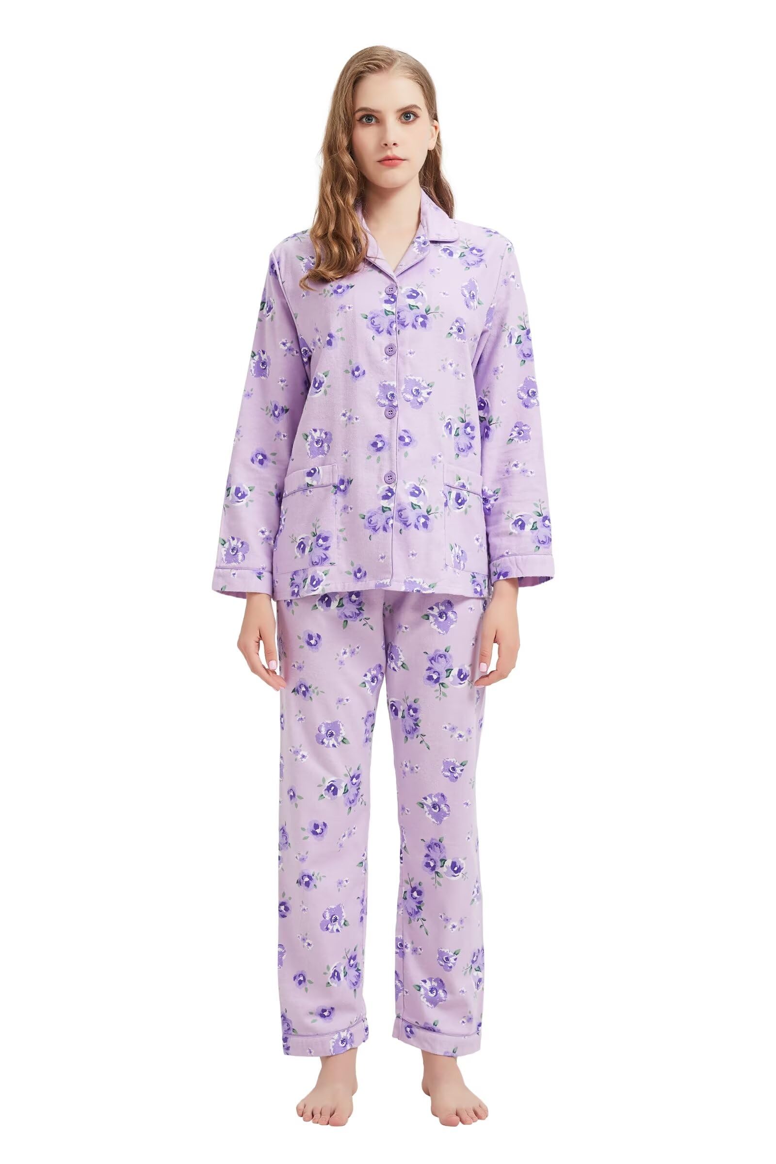 GLOBAL Women's Flannel Pajamas Set 100% Cotton PJs for Women Long Sleeve Button Drawstring Waist Warm Loungewear Sleepwear
