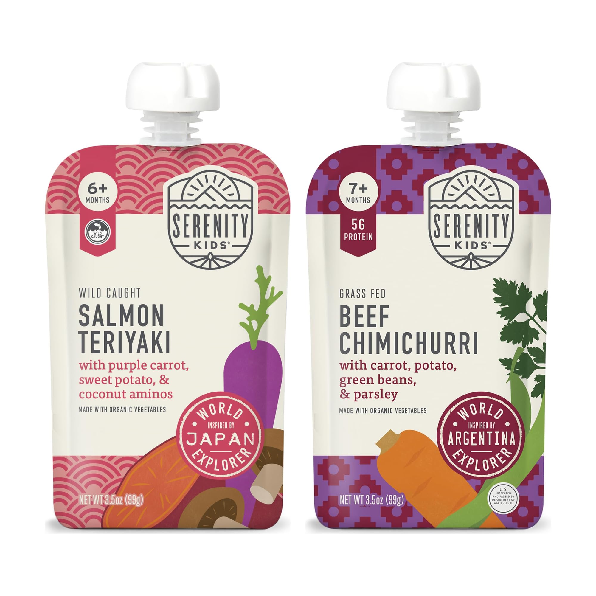 Serenity Kids World Explorers Baby Food Pouches Variety Bundle - Salmon Teriyaki & Beef Chimichurri Purees - 5g Protein Toddler Snacks - 3.5 Oz Pouch, Pack of 24, 7+ Months