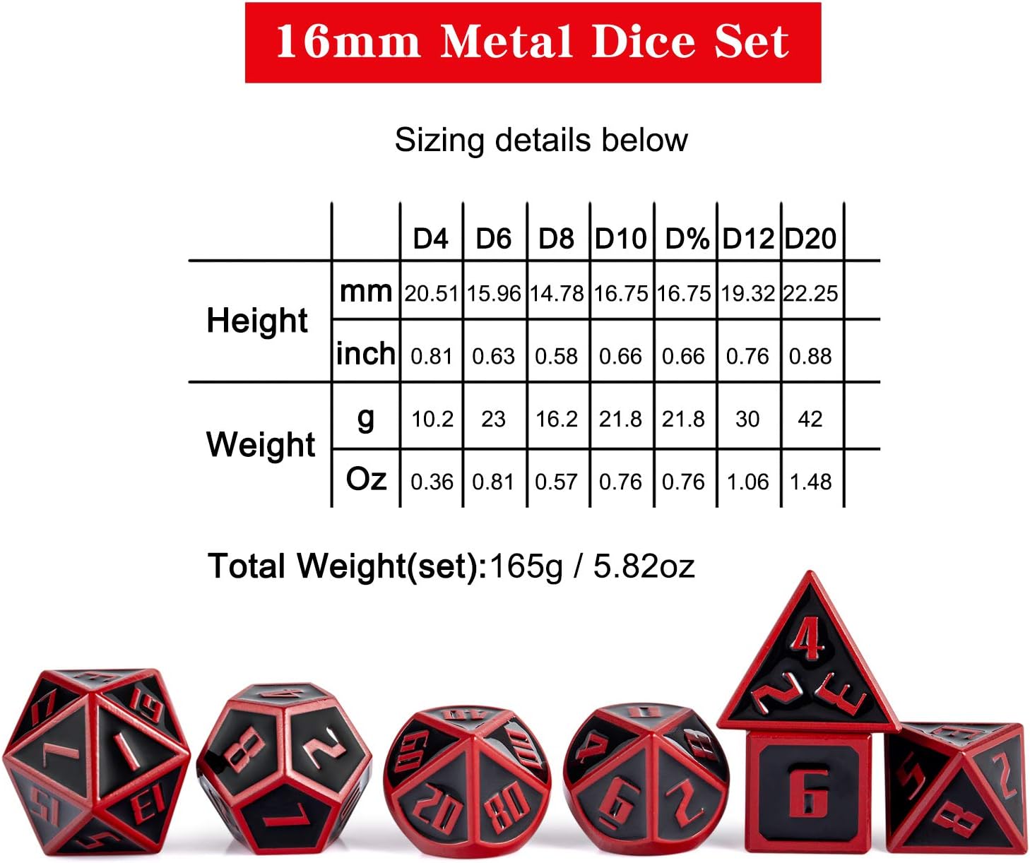 16mm DND Metal Dice Set Black&Red Polyhedral D&D Dice with Metal Case and Velvet Bag for Playing Tabletop Roleplay Games Dungeons and Dragons by ALLCOLORED
