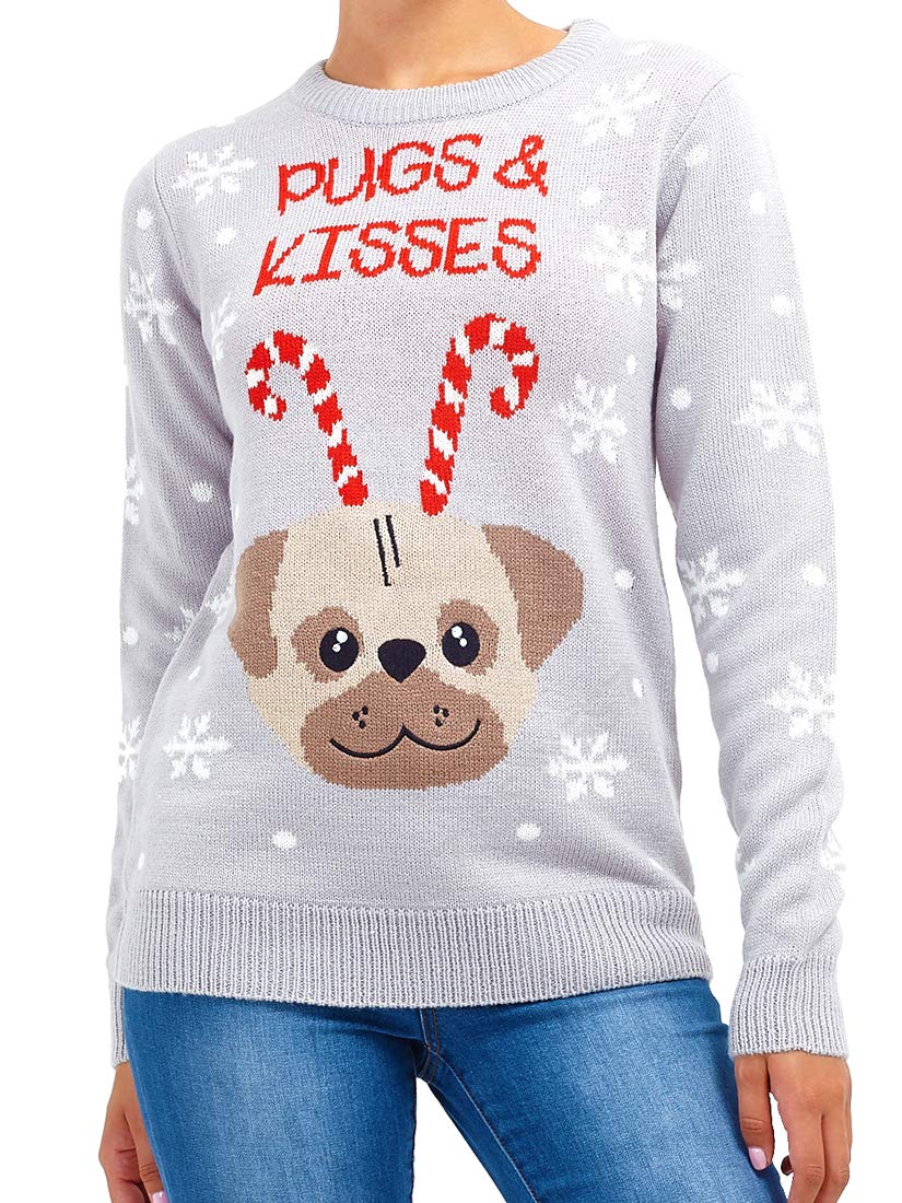 SS7 Womens Christmas Jumper Pugs and Kisses (Grey, 14)
