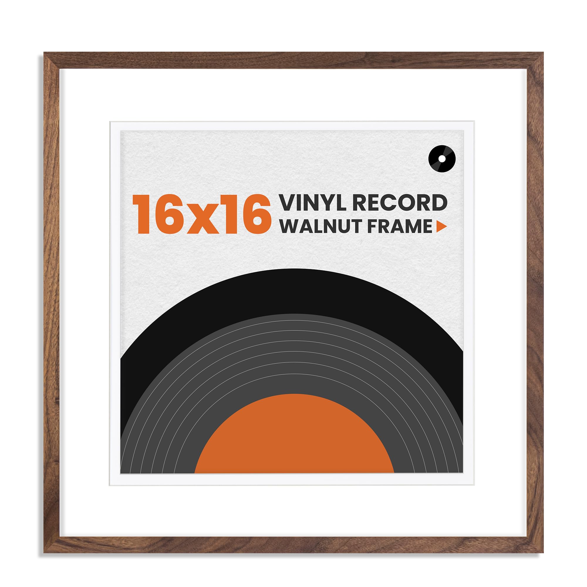 Venusmiles Vinyl Record Frame Natural Walnut Wood 16 X 16 Inches with White Mat, for 12.5" x 12.5" LP Record Album Display, Shatter-Resistant Tempered