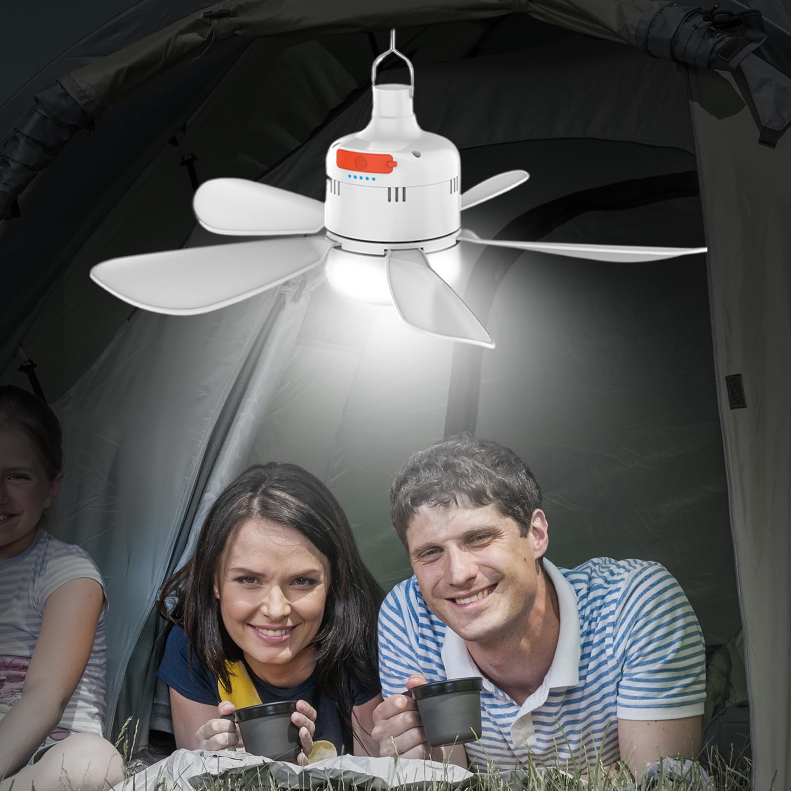 Luckxing Camping Deckenventilator, Zelt Deckenventilatoren Terrasse Deckenventilator mit Licht und Fernbedienung, Einstellbare Geschwindigkeit, wiederaufladbare Kühler für Wohnmobile, Camping
