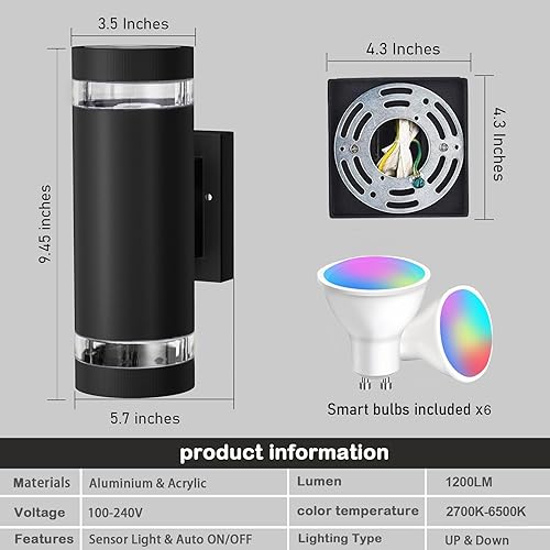 Miniatura 8 de wowlite Lámpara de pared para exteriores RGB de arriba y abajo, accesorios de iluminación exterior inteligentes con bombilla GU10, luz regulable que