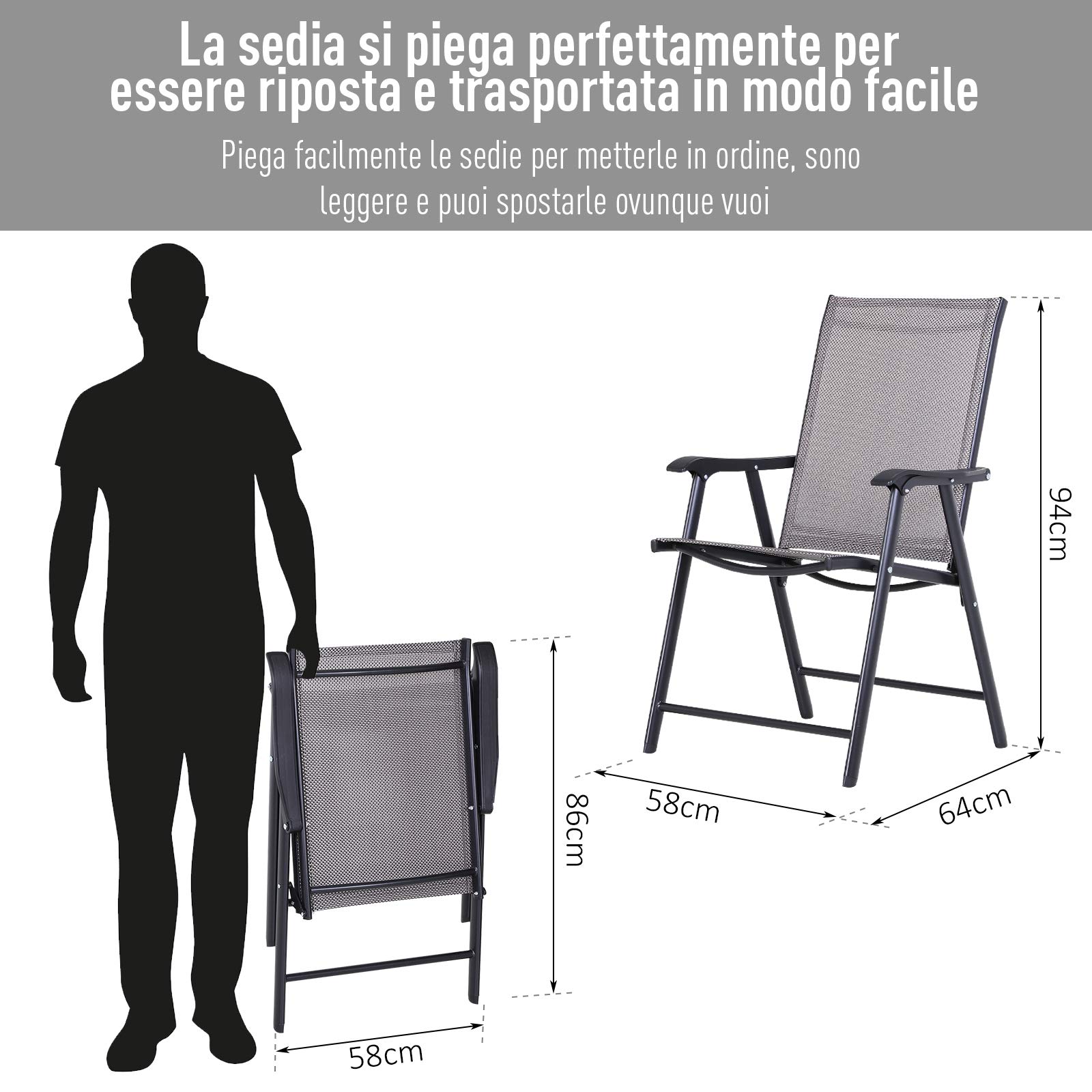 Outsunny Set 2 Sedie da Giardino Pieghevoli con Braccioli, Sedie per Pranzo da Esterno in Metallo e Texteline, da Patio, Balcone, Terrazza, Esterno e Interno, 58x64x94cm, Grigio