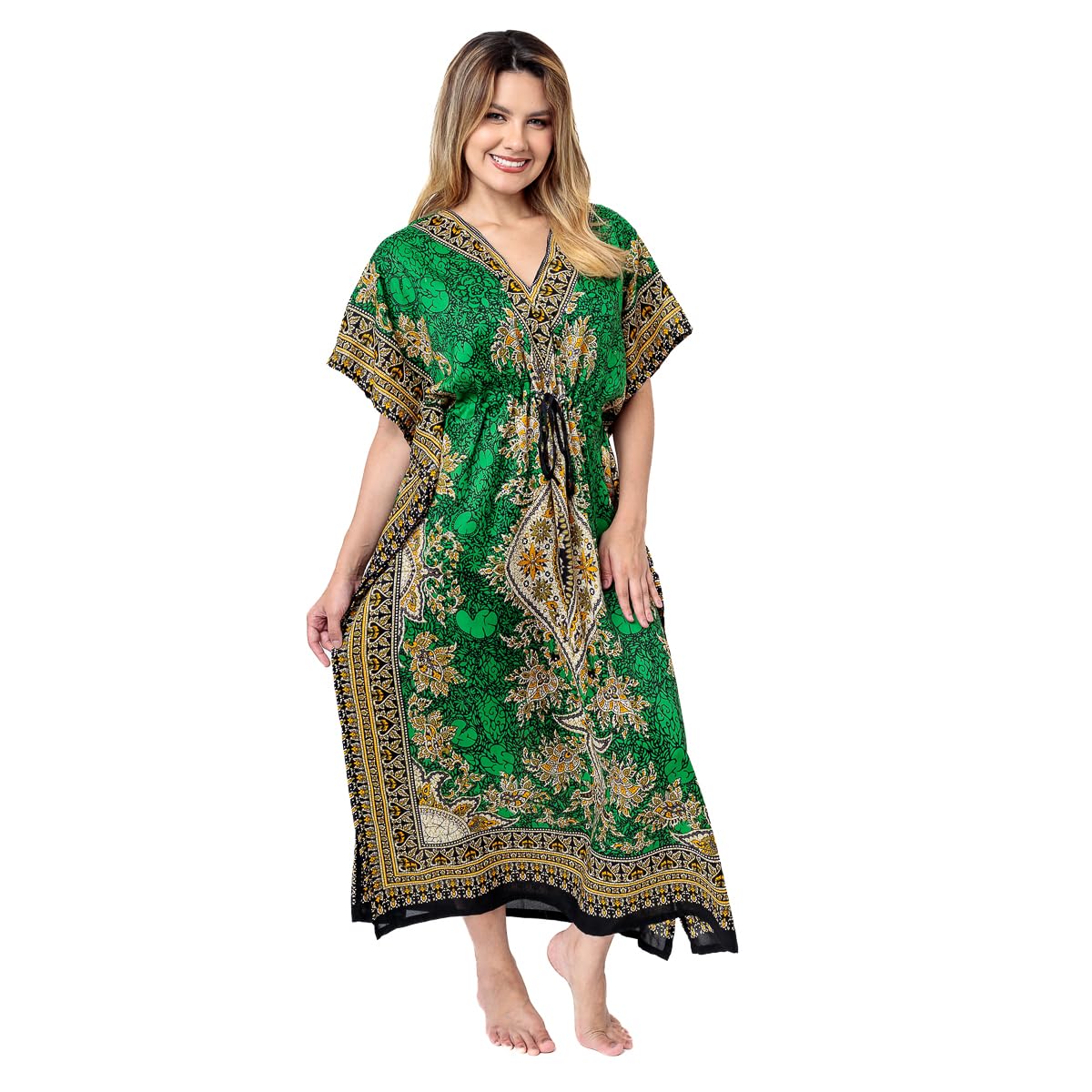 Vestido Kafta Indiano Longo Estampa Boho Plus Size (Verde)