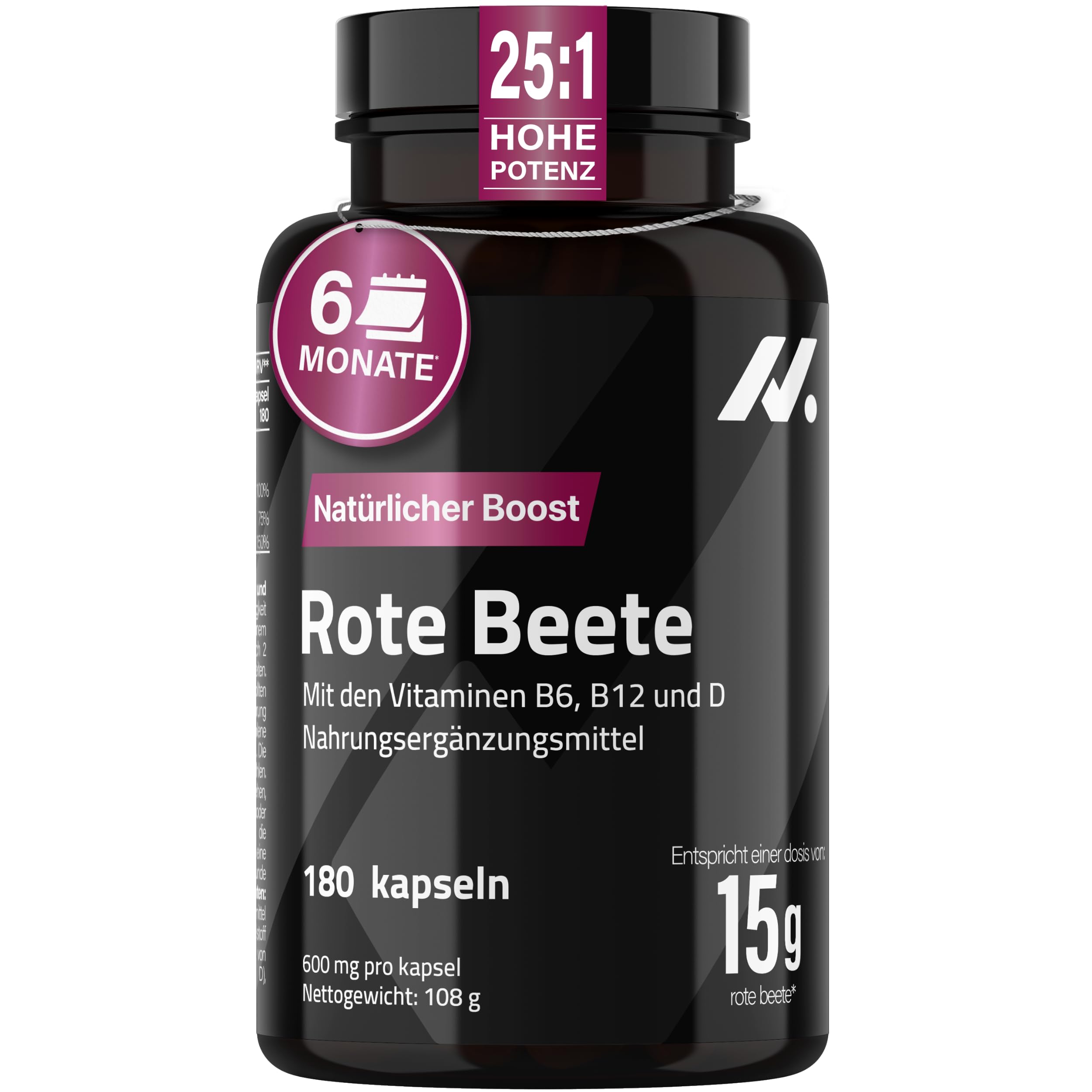 Rote Beete Kapsel – mit Vitamin B6, B12 & D3 – 180 vegane Kapseln – Rote Bete Extrakt Beetroot