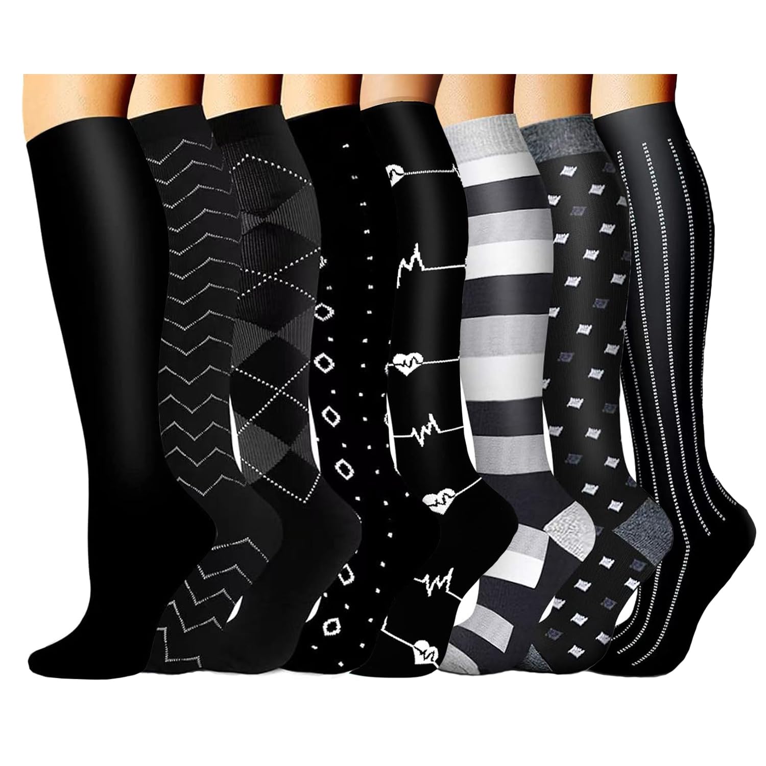 Chaussettes de Compression pour Femmes et Hommes (15-20 mmHg), 8 Paires Chaussettes de Compression, Bas de Contention pour le Sport, l’Avion, le Voyage, Course, Grossesse, Médical, Athlétisme