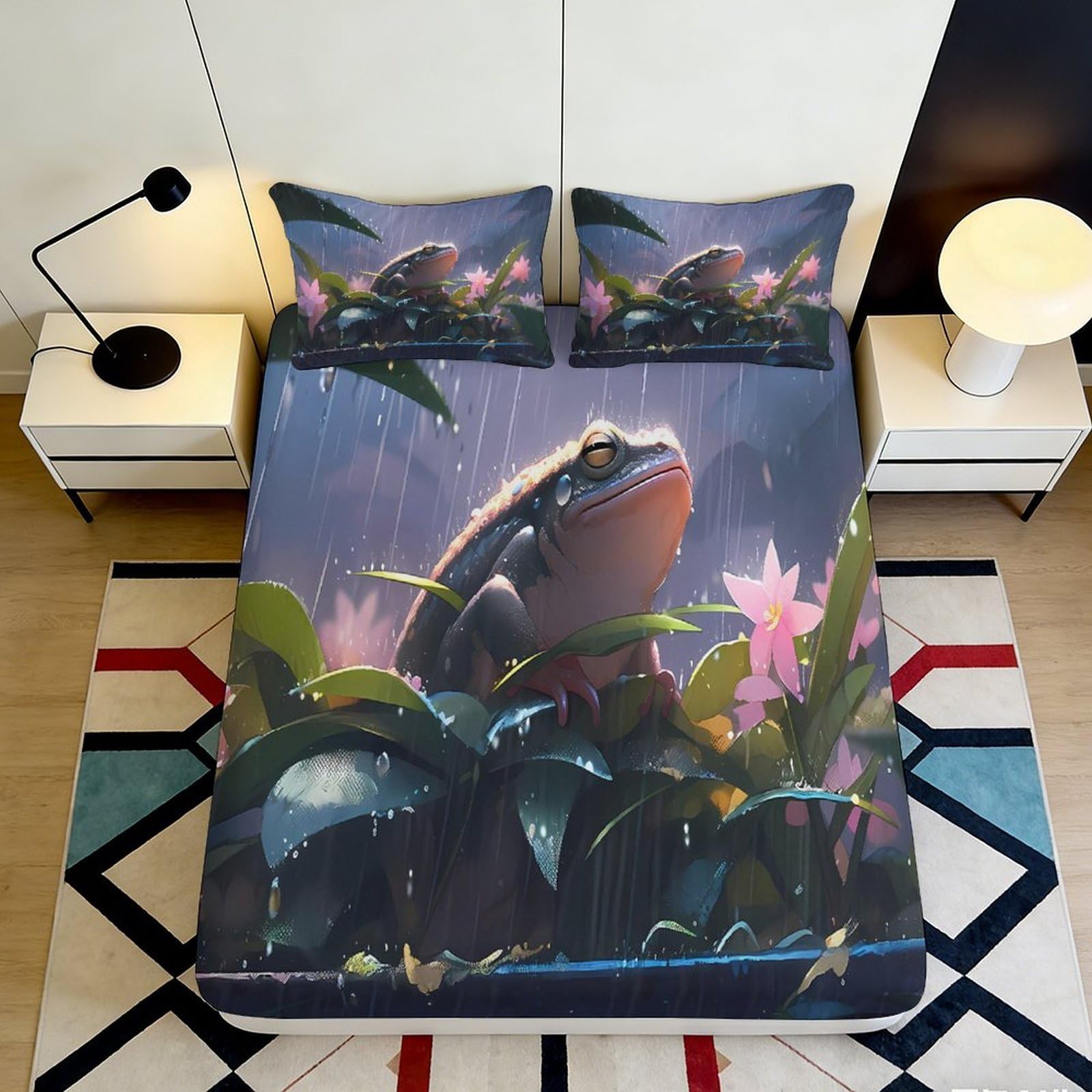 3D Printed Rainforest Frog Fitted Sheet Microfiber Waterproof Botanical Flower Mattress Cover for Bedroom Decor 200x200x25cm