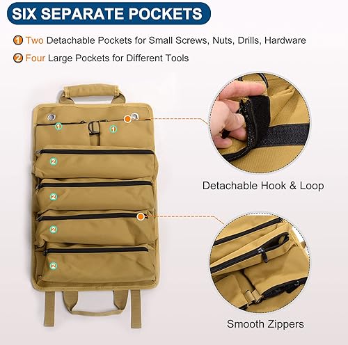 Miniatura 3 de HARFINGTON Bolsa de herramientas enrollable de 19 x 16 pulgadas con bolsas desmontables y compartimentos, organizador de almacenamiento de