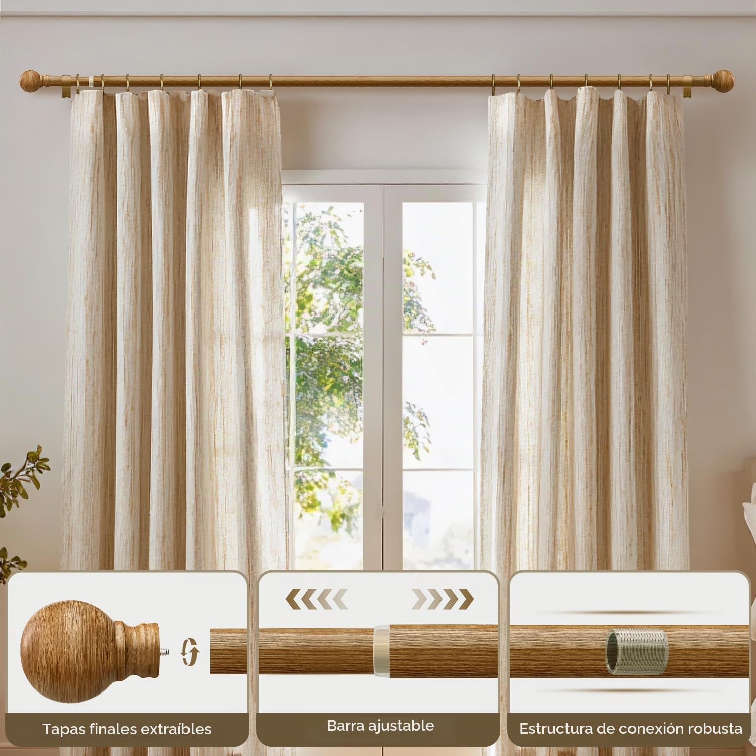 Barra De Cortinas Extensible Con Aspecto Madera,Longitud 82-292 Cm | Estilo RúStico,InstalacióN Mural,DiáMetro 25 Mm,Capacidad De Carga 15 Kg,Apta Para Interiores Dormitorio y SalóN