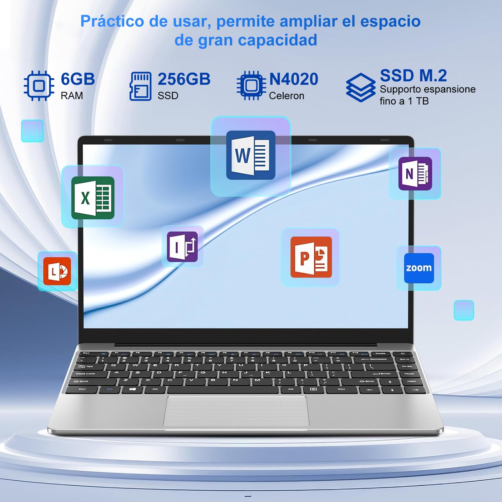 PC Portatile Win11 Computer Portatile Notebook 14 Pollici 6GB 256GB Estensioni SSD 1TB, Laptop Celeron N4020 fino a 2.8GHz, 5000mAh 2.4/5G WiFi 1080FHD BT4.2 USB3.0 Tastiera Italiana Membrana-Argenteo