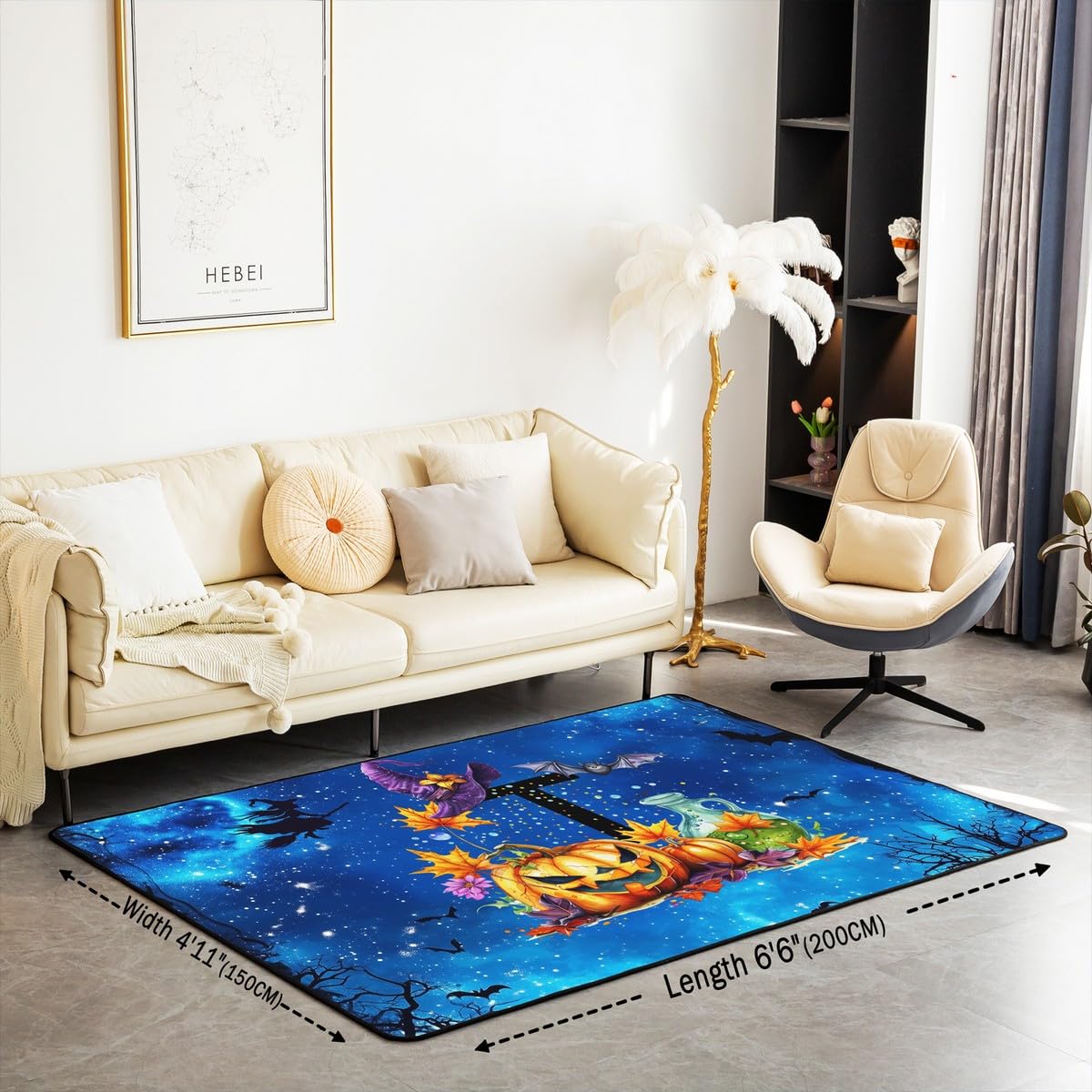 Homewish Spersonalizowane dywaniki halloweenowe 150 x 200 cm do sypialni salonu - inicjał litera T dywan podłogowy jesienne liście dynia duże dywany gotycki kapelusz czarownicy nagrobki nietoperze