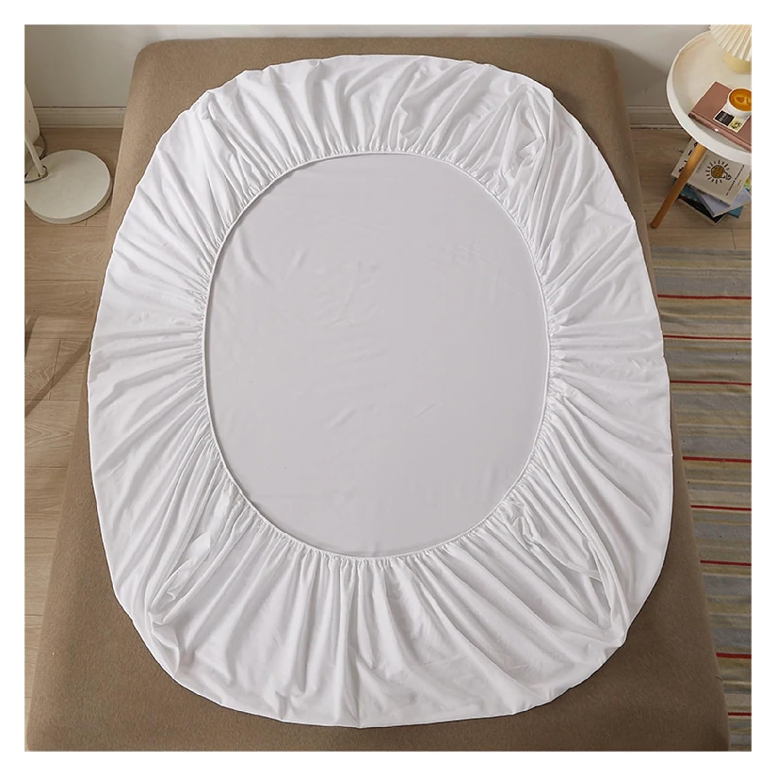 LHSJYG Silk Bed Sheets Cotton Fitted Bed Sheet With Elastic Band Solid Color Anti-slip Adjustable Mattress Cover(White,180x200cm)