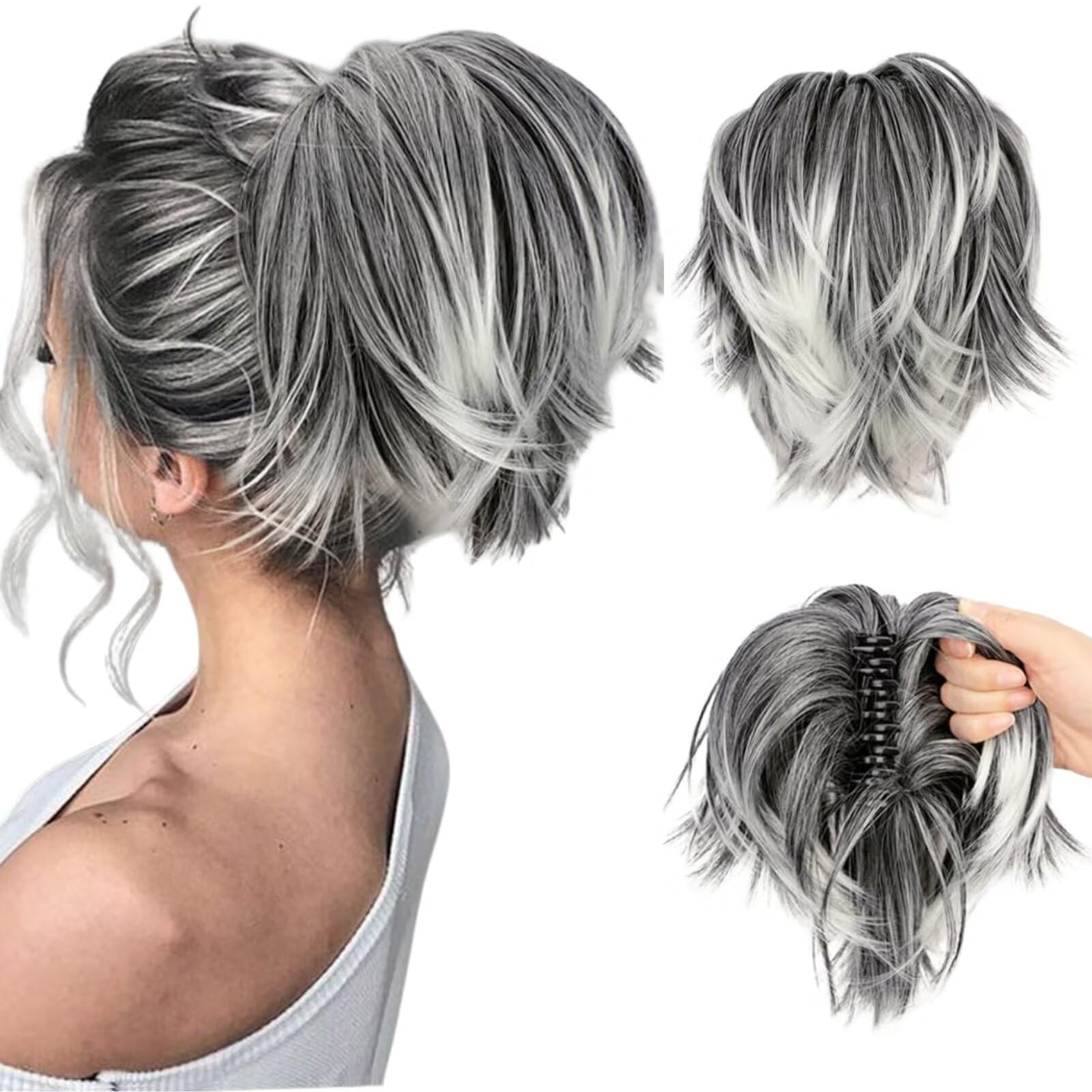 RUNRAYAY Hair Bun Hairpiece Fully Short Ponytail Bun Mixed Grey Hair Chignon with Comb Bun Updo Drawstring Bun Synthetic Hair Piece Extension for Women Grey Silver