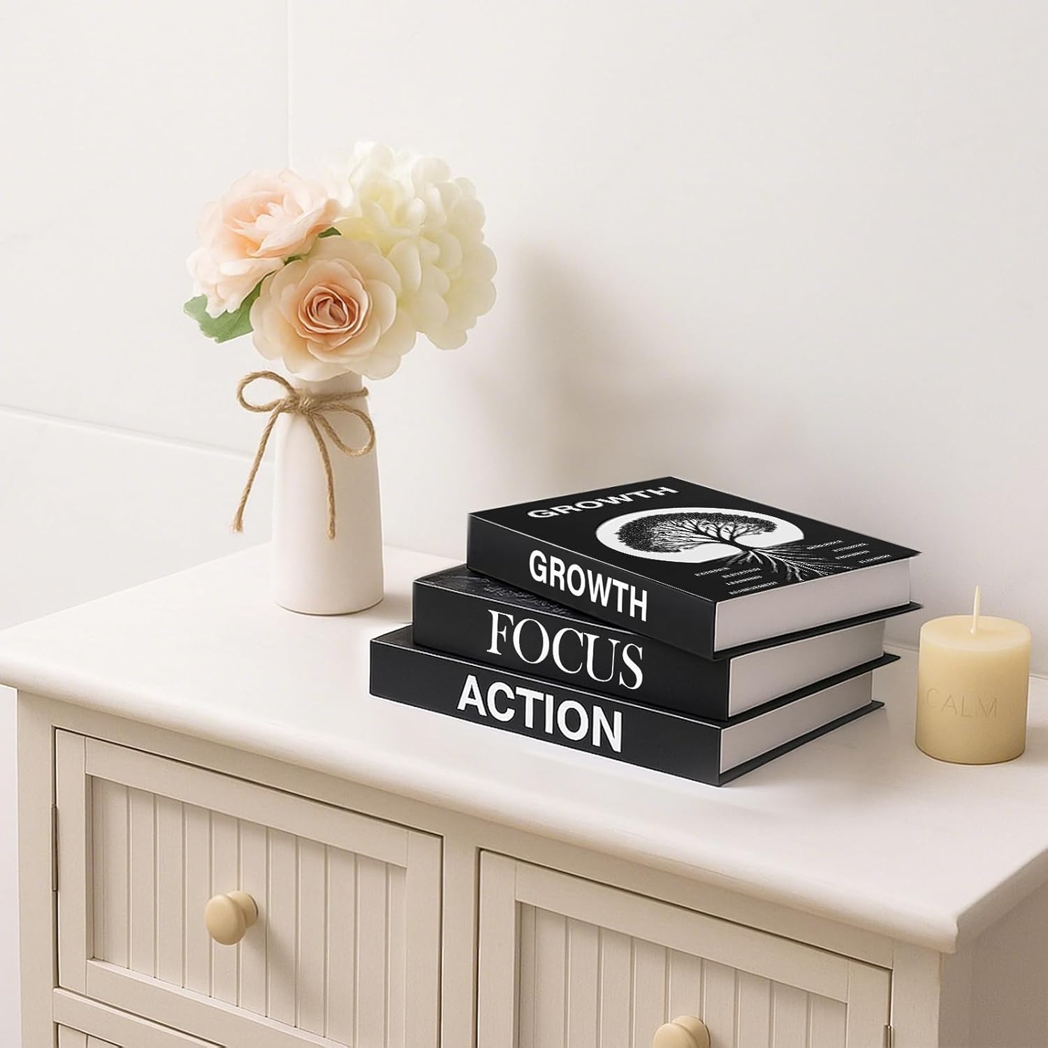 Motivational Faux Books Set of 3, Black and White Decorative Books for Office, Living Room, Coffee Table, TV Stand, Inspirational Home Décor for Men and Women, Modern and Minimalist Desk Décor
