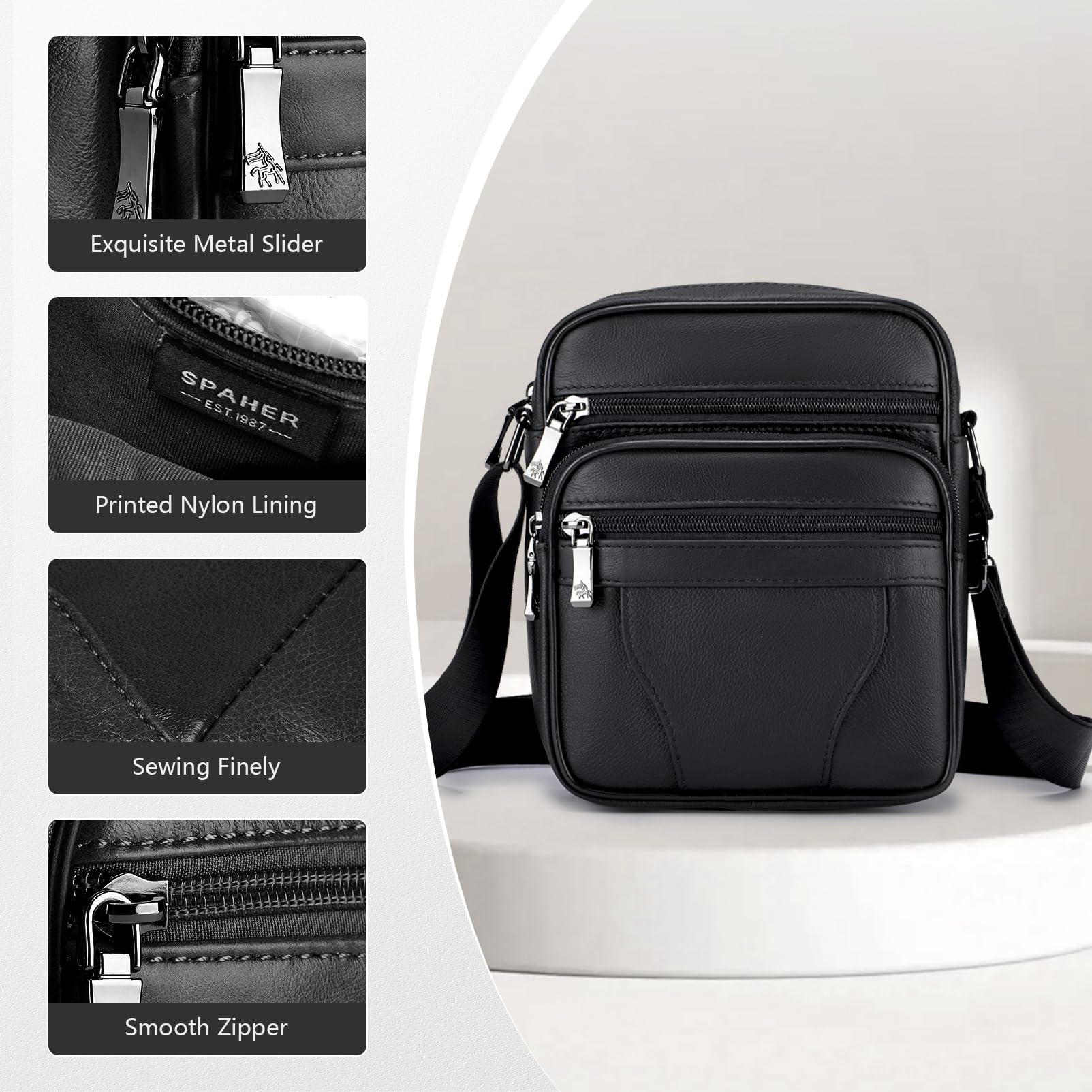 SPAHER Sacoche en Cuir Homme - Sac Bandoulière Porté Epaule Travers pour Affaires et Loisirs