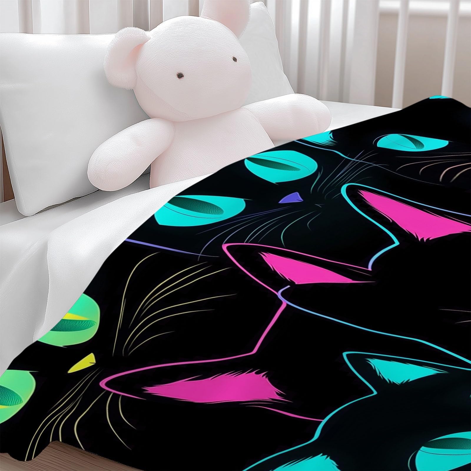Generico Plaid Coperta Pile Nero Bambini Ragazzi Ragazze Plaid Pile Gatto Al Neon Dei Cartoni Animati Coperte Flanella, 220 x 240 cm Letto e Divano Blanket Peluche Morbida e Calda