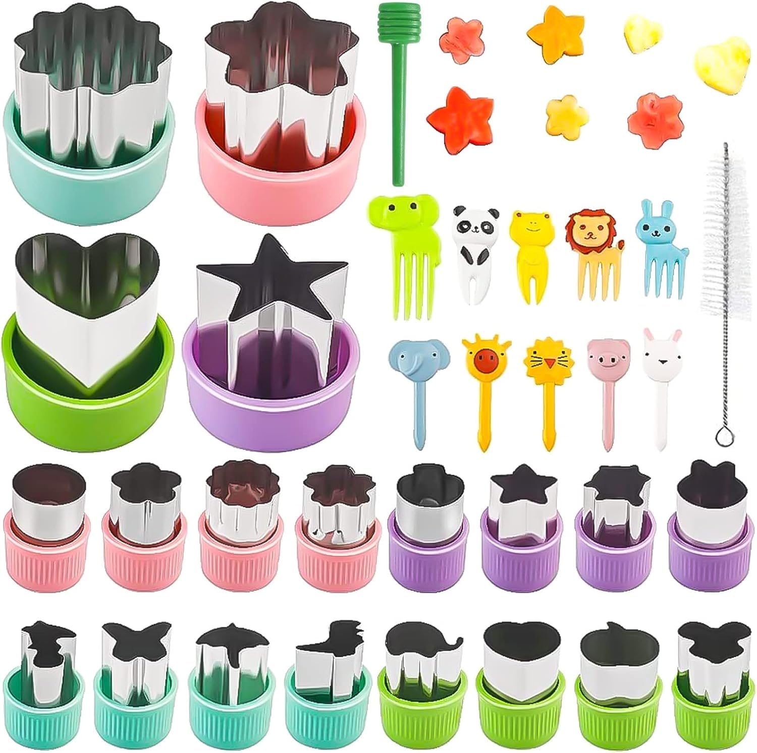 32Pcs Biscuit Mould, Sandwich Cutter for Kids, Vegetable Fruit Cutters Shapes Set, 20 Pcs Stainless Steel Mini Cookie Cutters, 10 Pcs Food Picks, 1 Brush, 1 Plastic Rod, for Kids Bento Box Baking