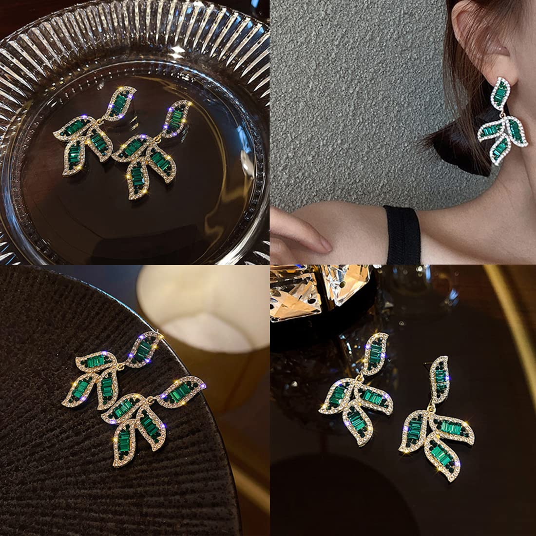 Crystal Studded Leaflet Dangle Earrings