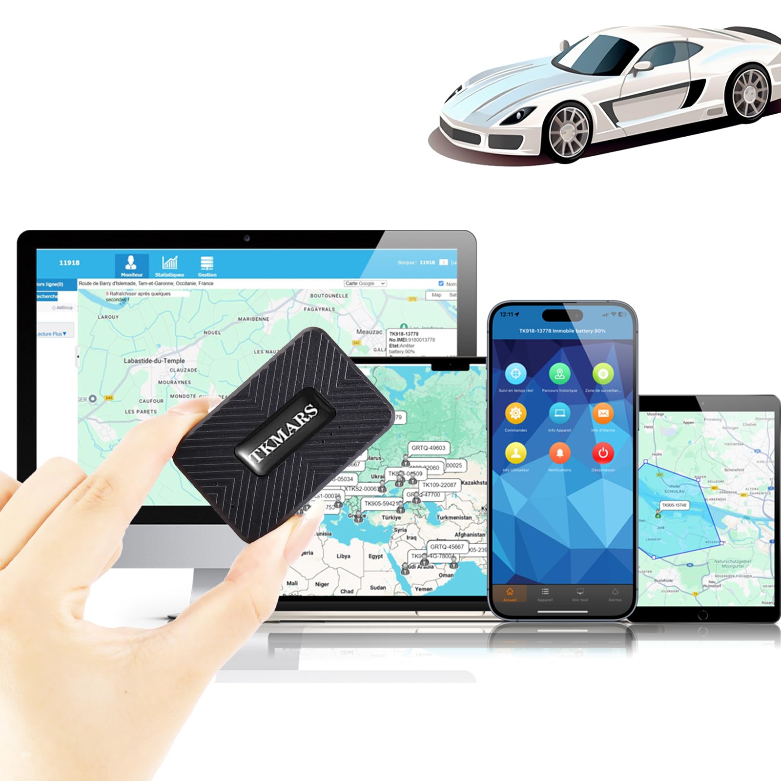 TKMARS Localizador GPS para coche sin suscripción con aplicación Mini GPS Tracker pequeño discreto con aplicación, fuerte magnético e impermeable 1500 mAh