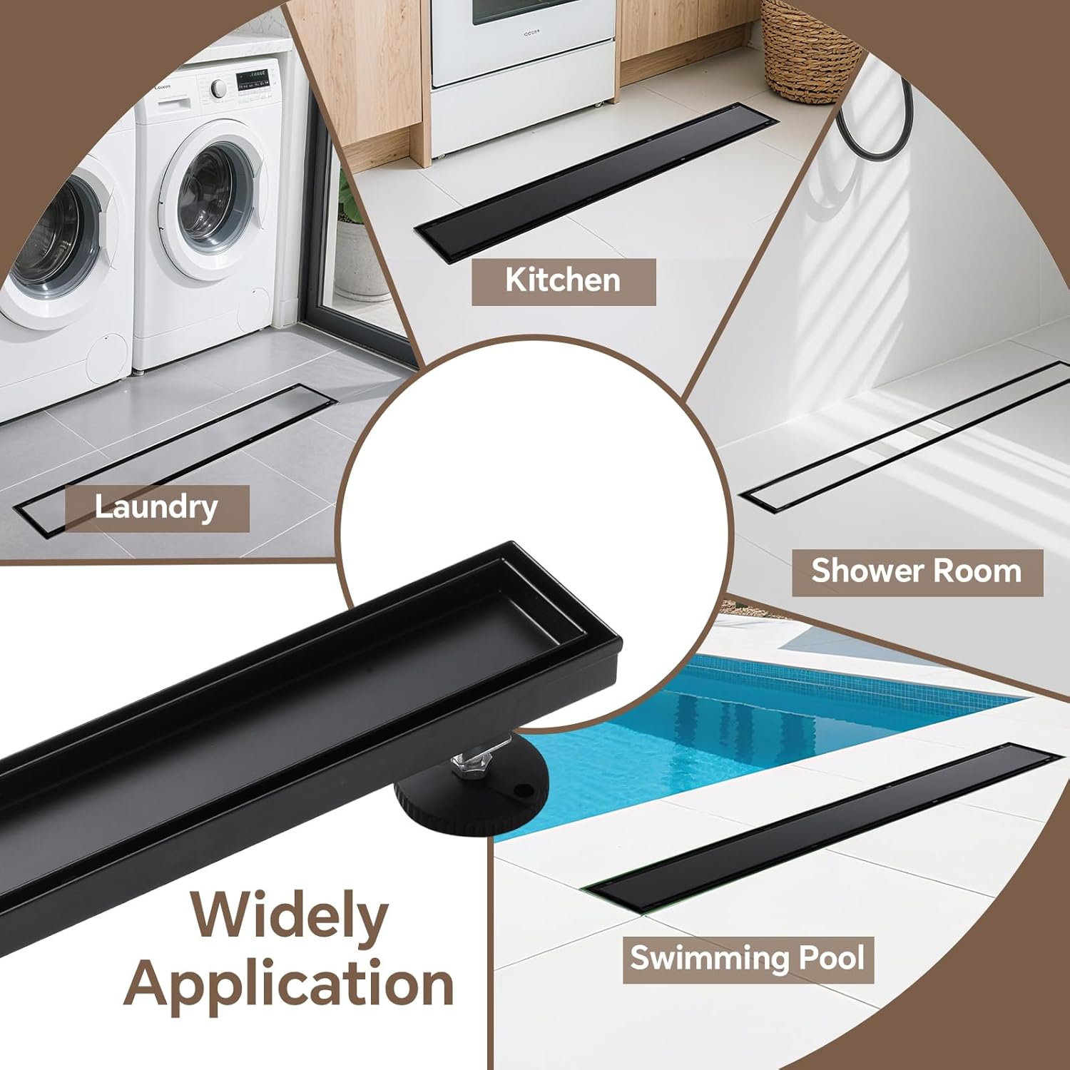 Linear Shower Drain with Tile-in Grate, Material Sus 304, Matt Black, 24in Rectangle Floor Drain, Shower Floor Drain with Levelling Foot, Hair Strainer, for Bathroom, Balcony