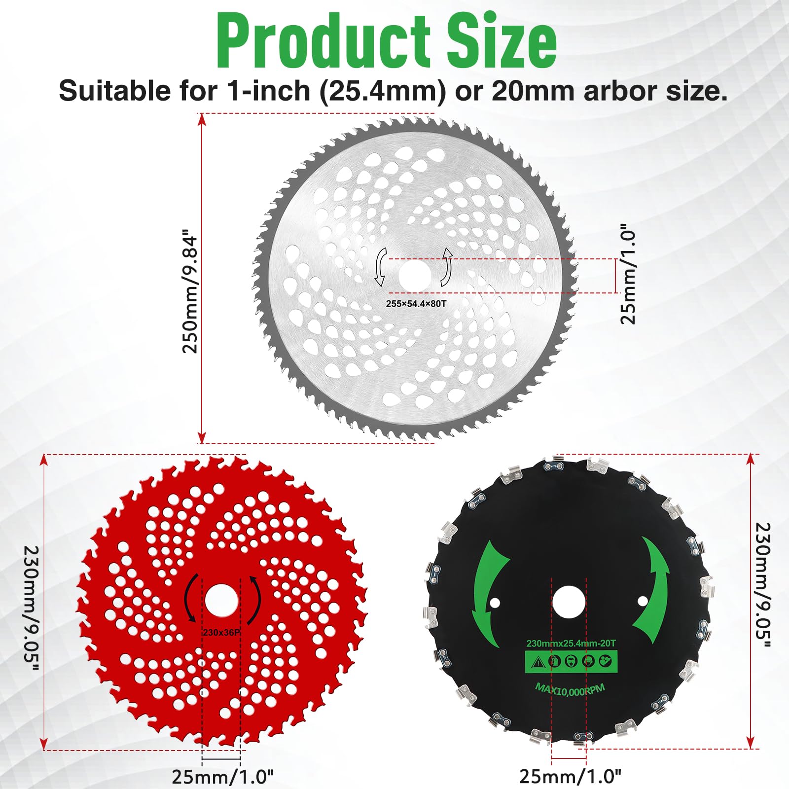 Lama per decespugliatore da 25,4 cm x 80T per Weedeater, 22,9 cm x 20T lame per spazzolino da denti e lama con punta in carburo da 22,9 cm x 36T, attacco decespugliatore, compatibile con